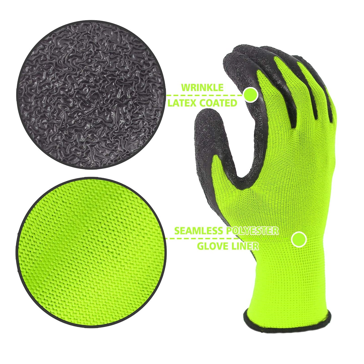 Evridwear Crinkle Latex Rubber Hand Coated Safety Work Gloves for Men Women General Multi Use Construction Warehouse Gardening Assembly Landscaping (Large, Green 12 Pairs)