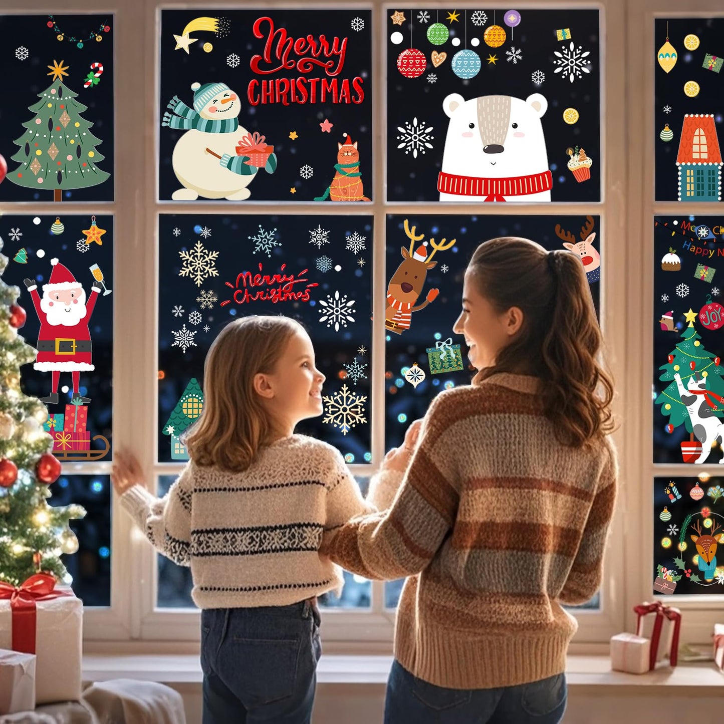 Christmas Window Clings Decorations, Xmas Stickers for Glass Windows, Fun Gift for Kids, Cute Decal Decor with Santa, Polar Bear, Snowflakes, 8 Sheets