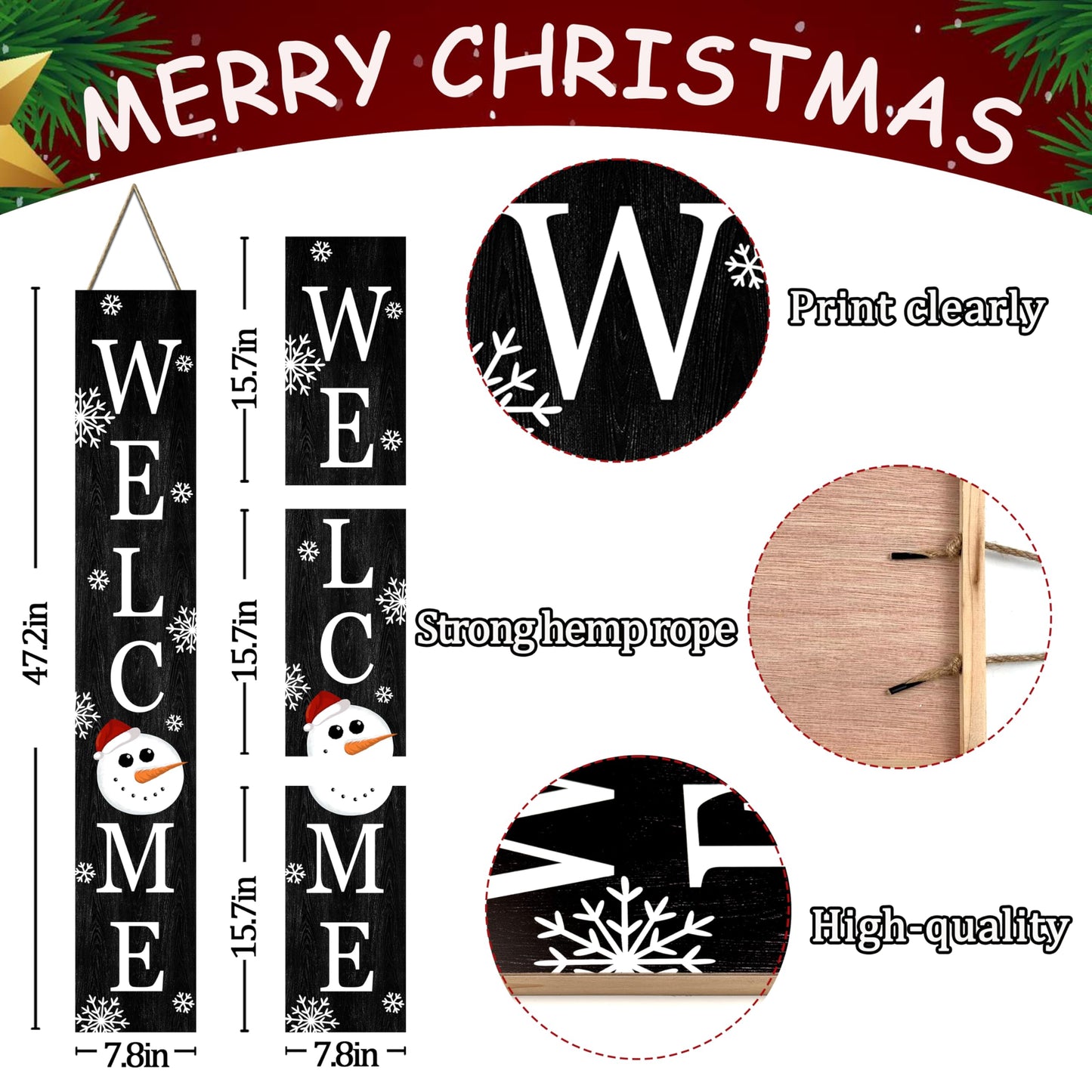 Winter Welcome Sign Vertical Porch Sign with Snowman and Snowflakes Black Wood Outdoor Christmas Holiday Decor for Home Outdoor Yard Party