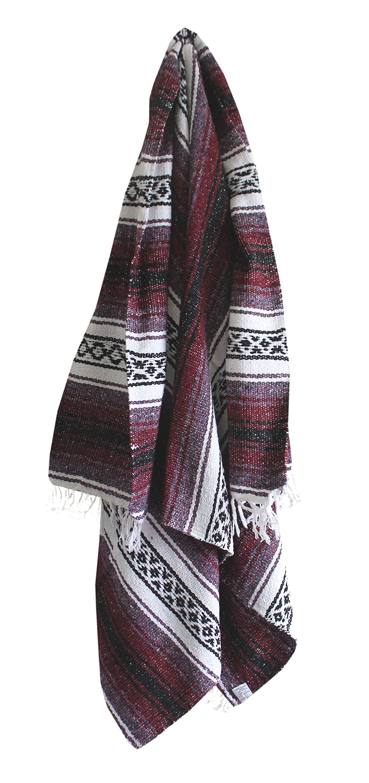 Del Mex Classic Mexican Blanket, Large Authentic Woven Falsa Throw (70"x50"), Artisan Southwest Décor for Beach, Yoga, Outdoors (Burgundy)
