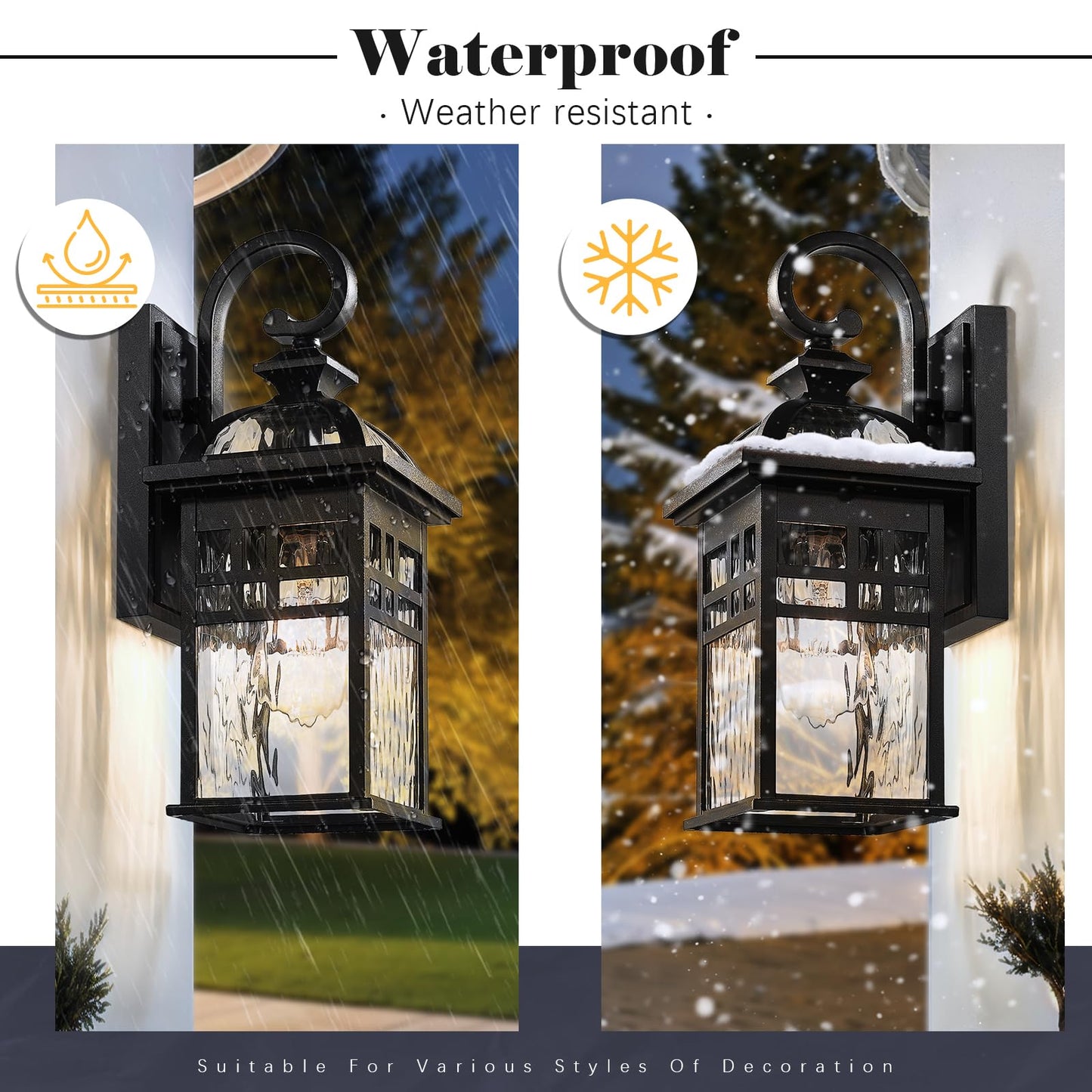 NAXTTII Outdoor Wall Lights Waterproof Exterior Lighting Fixture 15 Inch Height Black Porch Light Outdoor with Water Ripple Glass E26 Socket