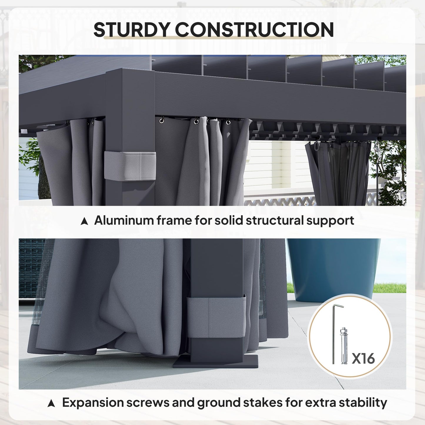 Outsunny 10 x 13 ft. Louvered Pergola Hardtop Gazebo with Adjustable Aluminum Roof and Frame, Outdoor Pergola with Curtains and Netting, for Garden, Lawn, Backyard, and Deck, Dark Gray