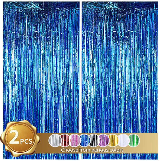 BEISHIDA 2 Pcs Blue Door Streamers Tinsel Curtain Party Backdrop Fringe Foil Wall Background for Birthday Halloween Christmas Wedding Boys Baby shower Party Decoration(3.28 ft x 6.56 ft)