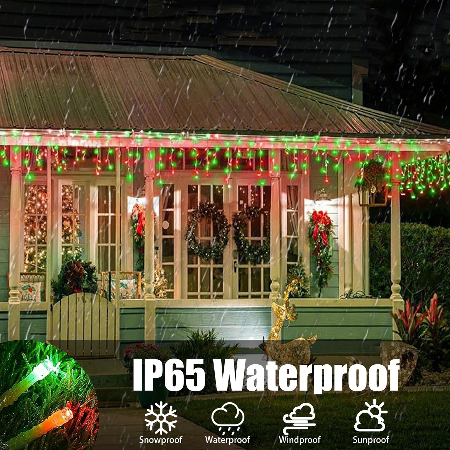 Solar Christmas Icicle Lights Outdoor,304 LED Outdoor Christmas Decorations 8 Modes Waterproof Solar Icicle Lights for Patio Yard Garden Wedding Party House Xmas Tree Roof Decorations(Red and Green)