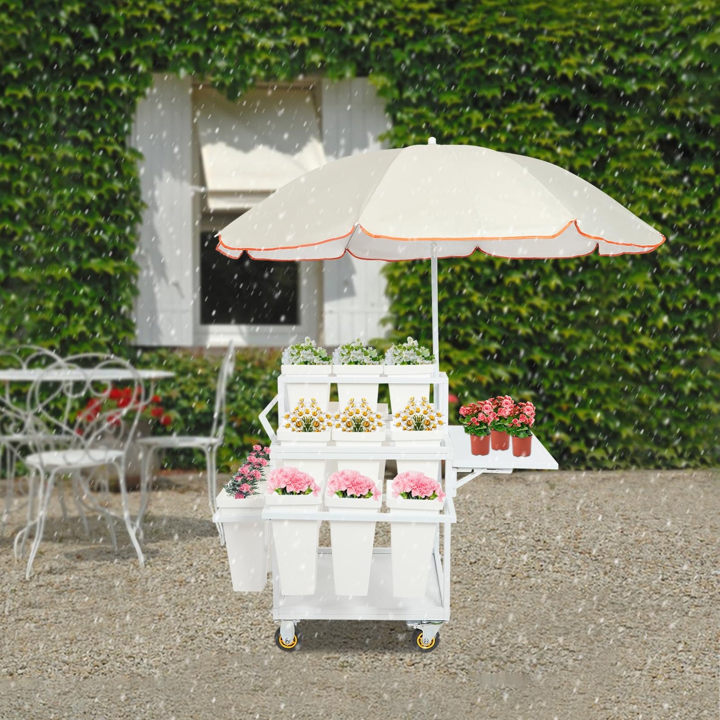 Flower Stand Cart with Large Umbrella 5x5.8ft, 110lb Capacity Metal Flower Bar with Wheels, Flower Plant Stand with 18 Buckets, 3 Tier Rolling Stand Cart for Indoor Outdoor Patio Garden Florist (Silver White)