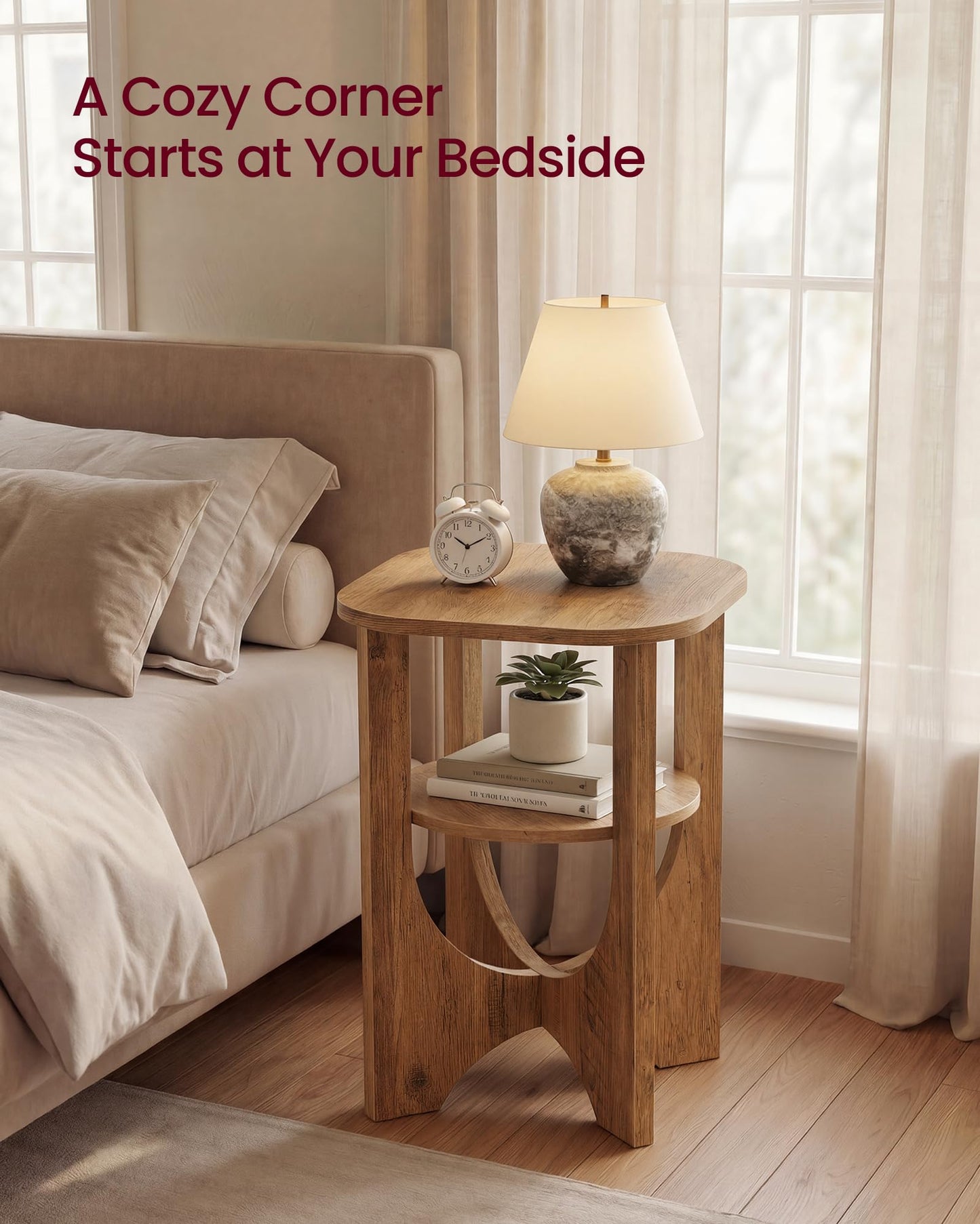 VASAGLE Side Table, 2 Tier Small Accent End Table, Nightstand with Lower Shelf for Small Spaces, Living Room, Bedroom, Honey Brown ULET233M101S