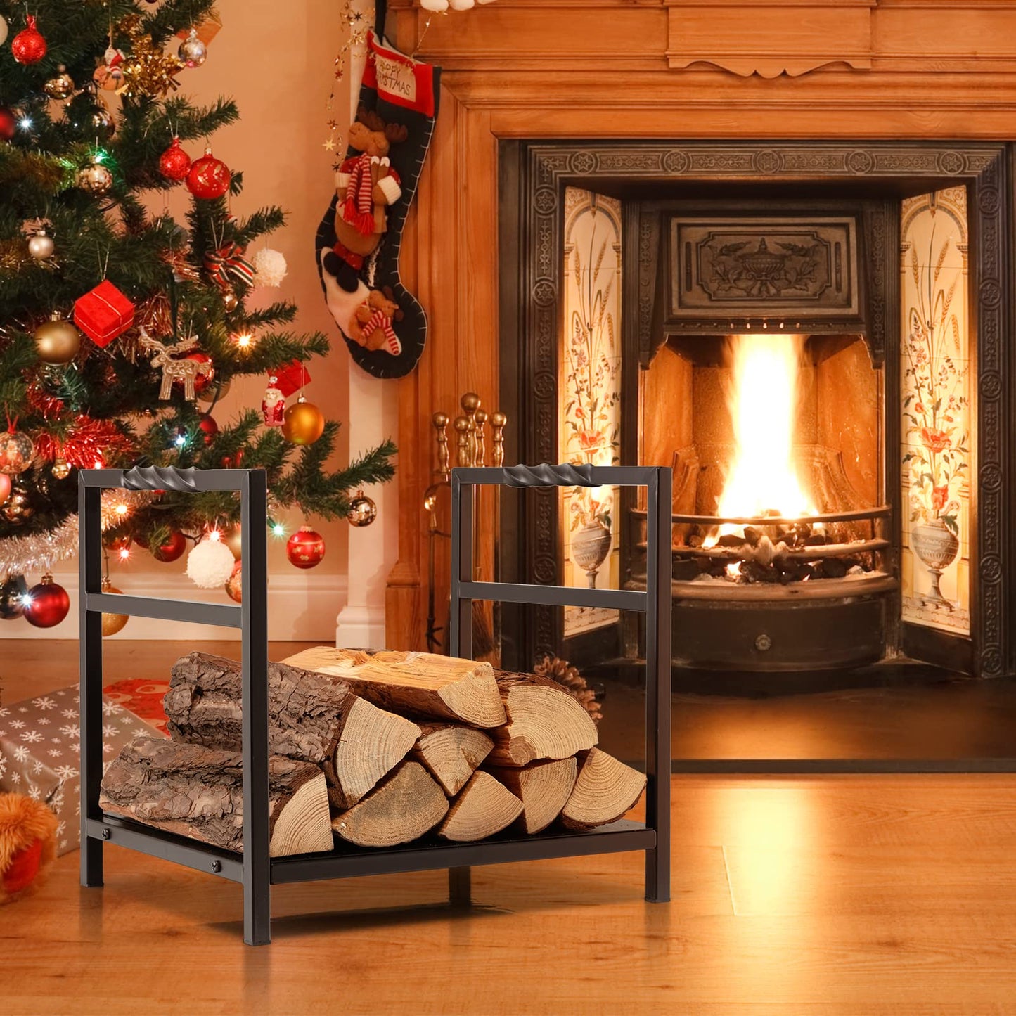 Tangkula Firewood Log Rack, Heavy Duty Firewood Holder with Unique Handle and Raised Feet, Firewood Storage Holder for Fireplace, Stove, Fire Pit, Easy Assembly, Black
