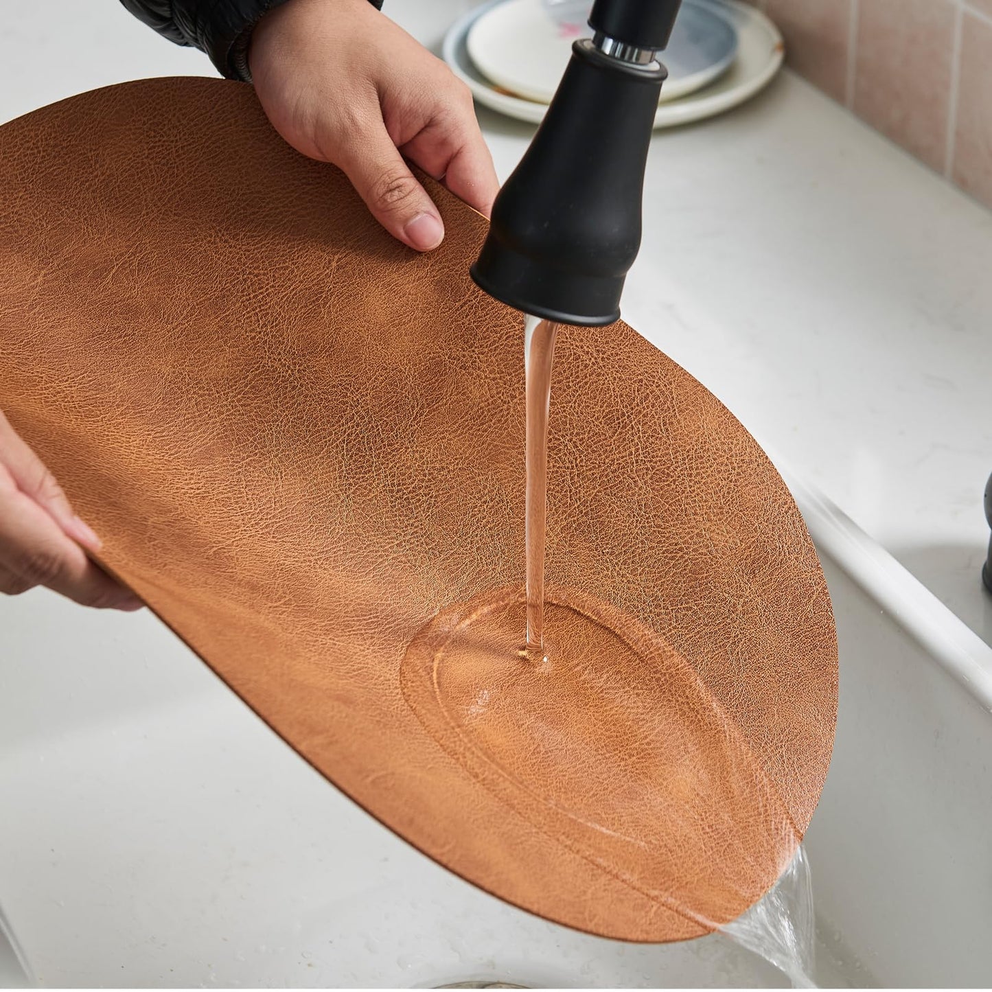 YLUSUJAKX Faux Leather Placemats Set of 6, Heat Resistant Oval Placemats 12" x 18", Waterproof Non-Slip Dining Table Mats for Kitchen Farmhouse Modern Home Decor