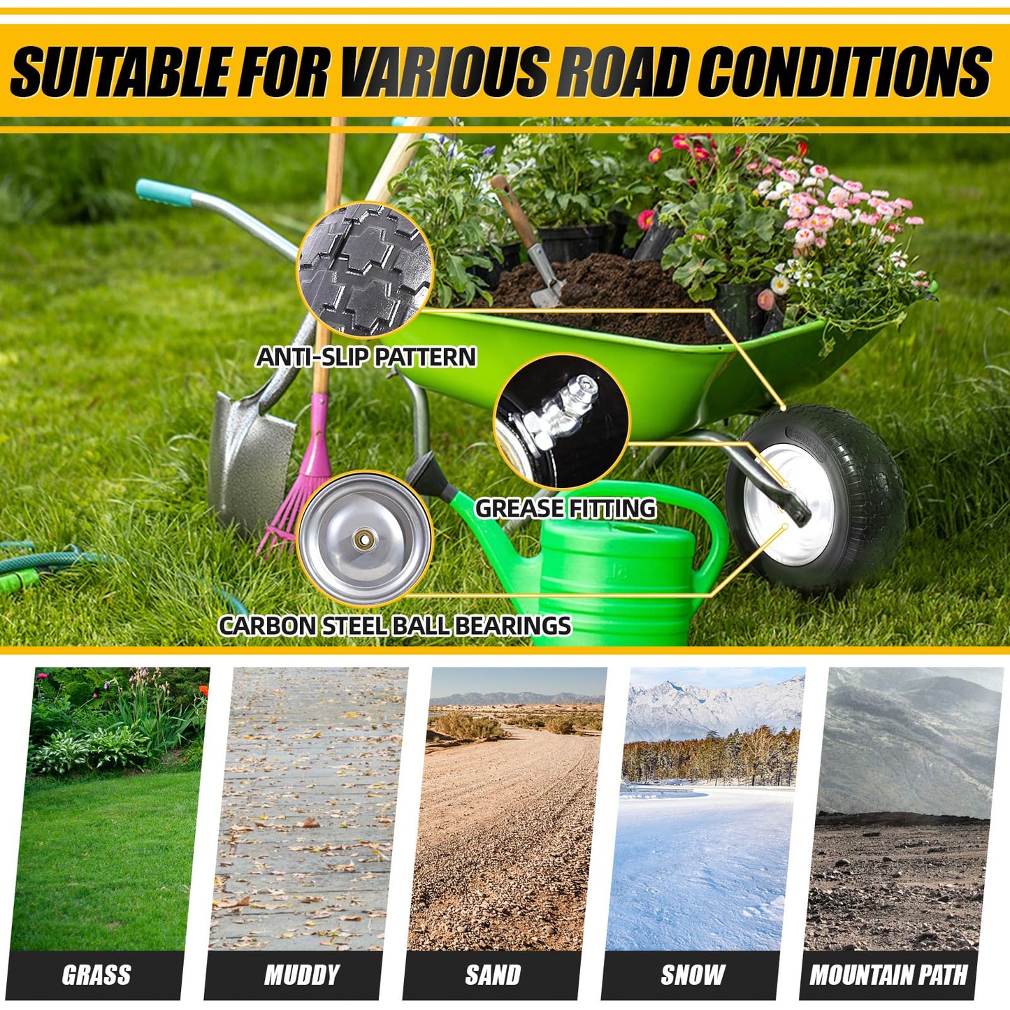 MZREXN 14.5" Wheelbarrow Tire Flat-Free 3.00/3.25/3.50/4.00-8" Solid Tire and Wheel with 3"-7" Centered Hub, 3/4" & 5/8" Bearings Replacement for Hand Truck/Dolly/Utility Cart/Garden Cart 2PCS Silver