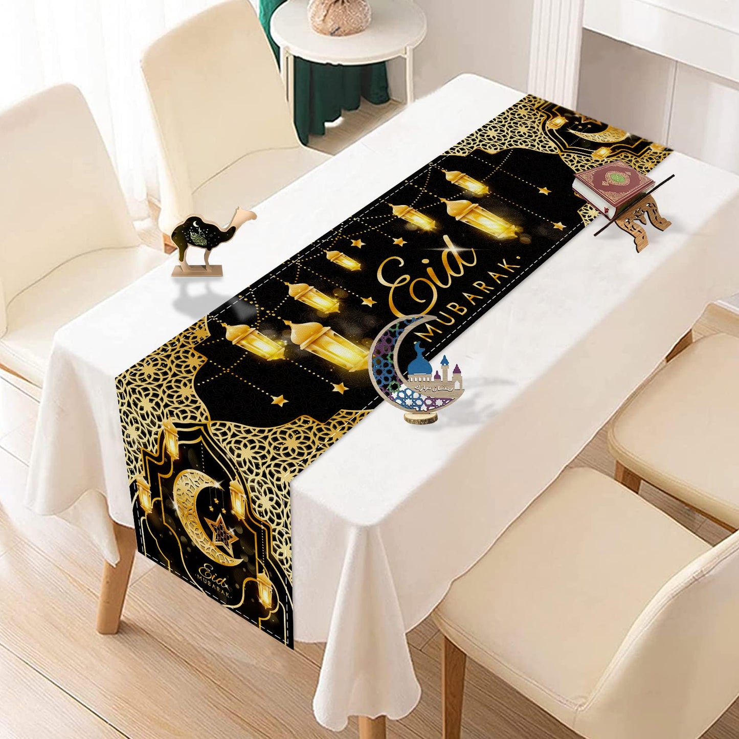 Fengrise Eid Mubarak Table Runner - Black Gold Ramadan Kareem Decorations for Home 2026, Star Moon and Lantern Pattern, Eid Al-Fitr Table Cloth,Islamic Decorations Supplies for Kitchen Indoor (13x72)