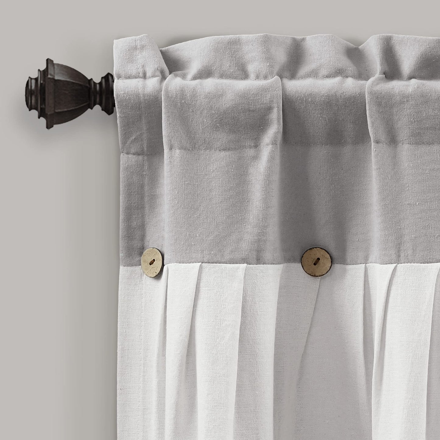 Lush Decor Linen Button Farmhouse Valance Curtians 52"W x 18"L Gray & Off White - Linen Valances For Windows - Kitchen Curtains Valances