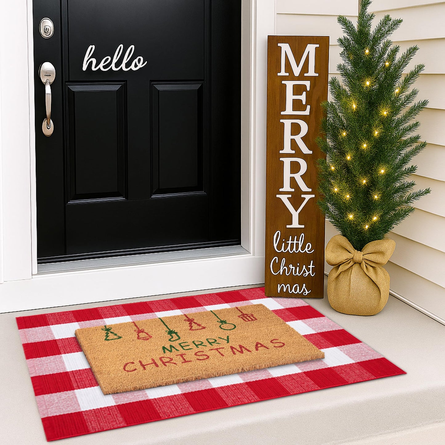 Christmas Door Mat Combo Set - 100% Coco Coir Welcome Mat + 28 x 43 Inch Red and White Plaid Rug, Holiday New Year Christmas Collection Decorative Doormat for Front Porch Entryway Decor