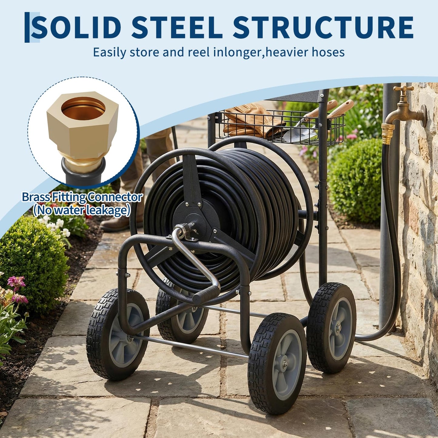 Garvee Hose Reel Cart, 4 Wheels Heavy Duty Mobile Garden Hose Cart Holds 250ft of 5/8" Water Hose, Powder-Coated Steel with Storage Basket for Yard, Lawn, Outdoor Planting