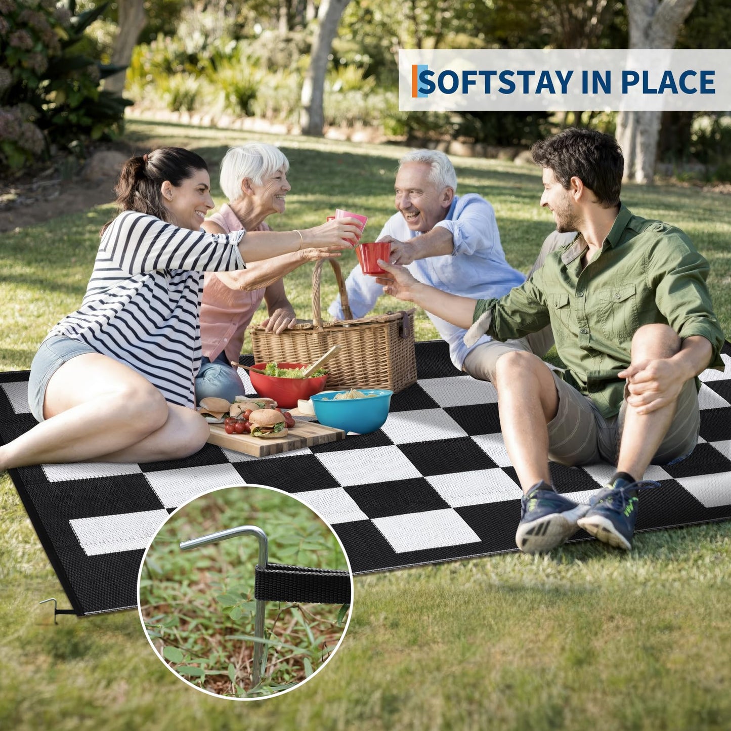 Jojoka Large Waterproof Outdoor Rug, Reversible Plastic Straw Mat, Modern Checkered Plaid Carpet, UV-Resistant & Collapsible for Patio Deck Camping, Easy Clean Outdoor Area Rug