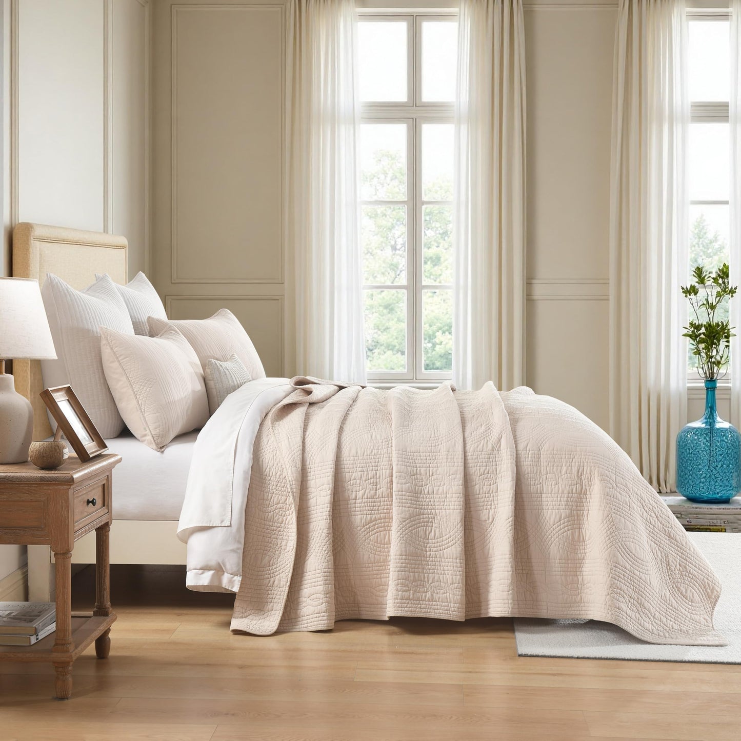 Homzard Quilts Queen Size Bedding Set, 100% Cotton Beige Queen Size Comforter Set,Wave Pattern Bedspread Set,Solid Modern Bedding Coverlet 3 Piece Bed Set, All Season