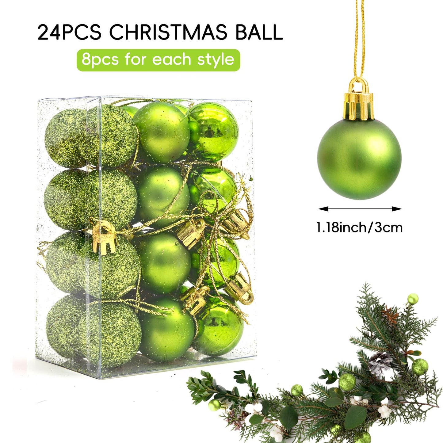 24PCS Christmas Ball Ornaments，1.18 Inch Mini Green Glitter Christmas Balls Xmas Tree Hanging Decorations Decorative Balls for Xmas Tree Outdoor Indoor DIY Craft Party Supplies