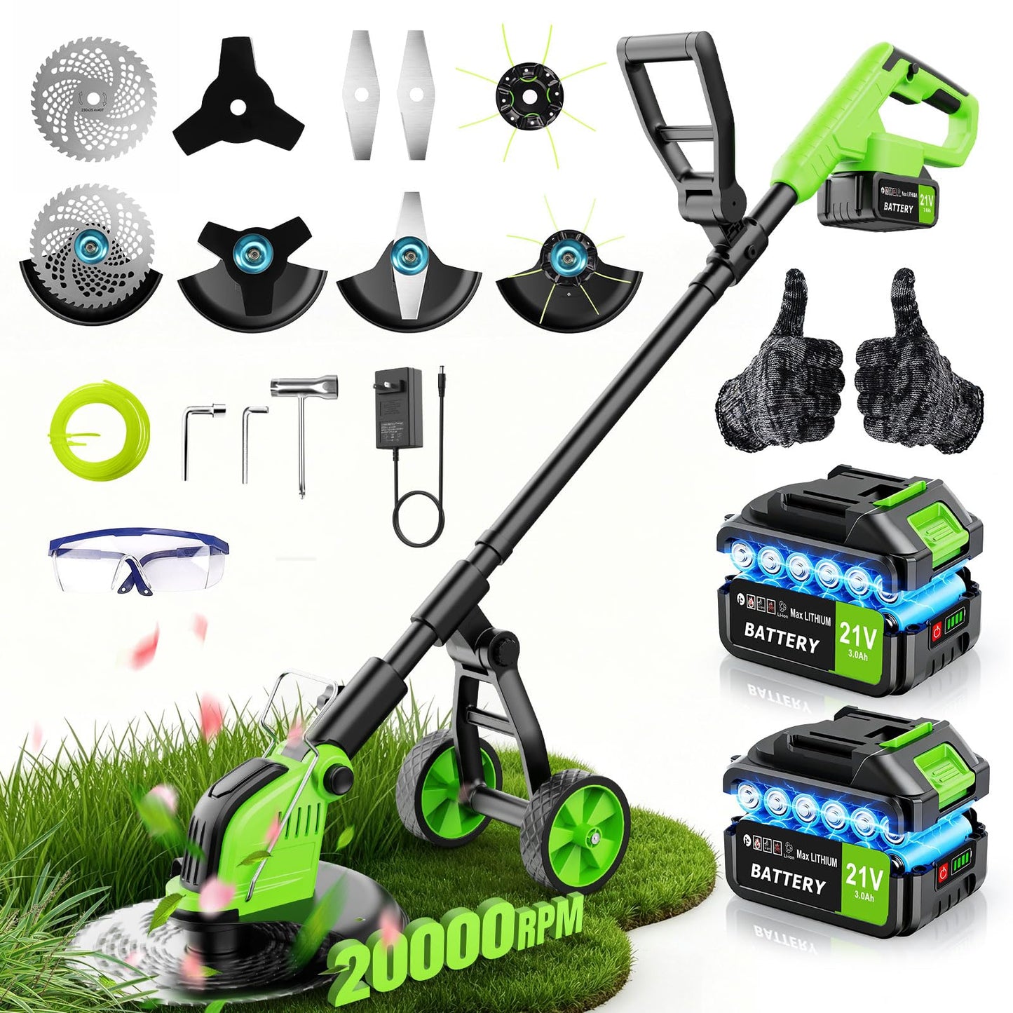 20,000RPM Cordless Electric Weed Wacker, 800W Brushless Weed Eater with Wheels, 12" 4-in-1 String Trimmer Lawn Edger Mini Lawn Mower Brush Cutter, Foldable, 21V, 2×4.0Ah Batteries Power Display