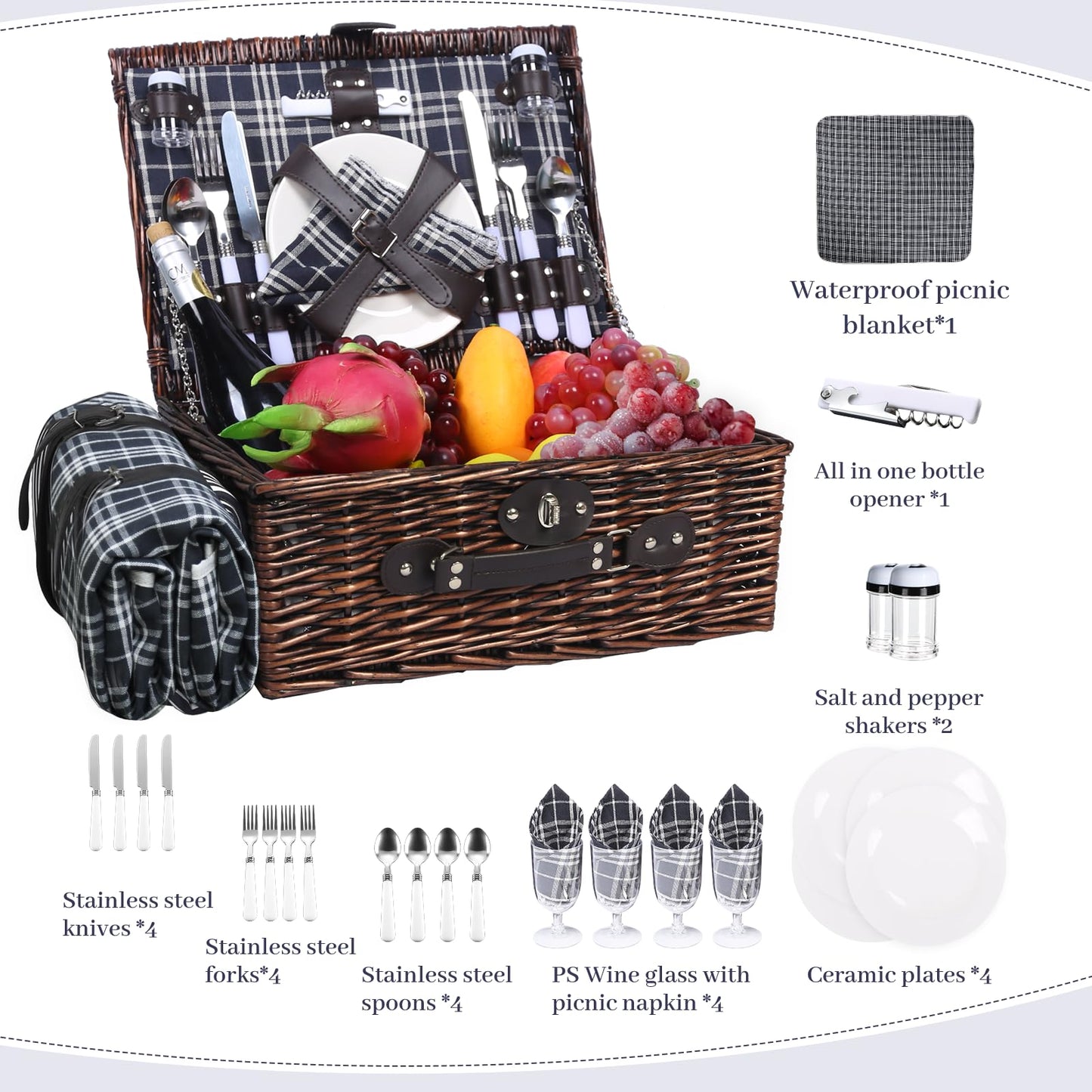 Neti Neti Wicker Picnic Basket for 4 with Insulated Cooler & Waterproof Blanket – Large Willow Picnic Hamper for Outdoor, Camping, Beach, Romantic Dates, Valentine’s Day