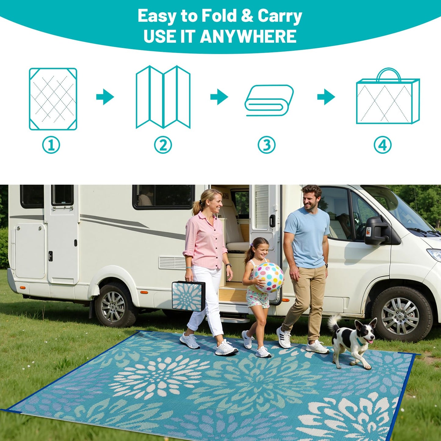 HEBE Waterproof Outdoor Rug 5x8 for Patios, Floral Reversible Plastic Straw Rug Patio Mat, Indoor Outdoor Carpet RV Mat Camping Rug for Deck, Camper, Porch, Balcony, Backyard, Picnic