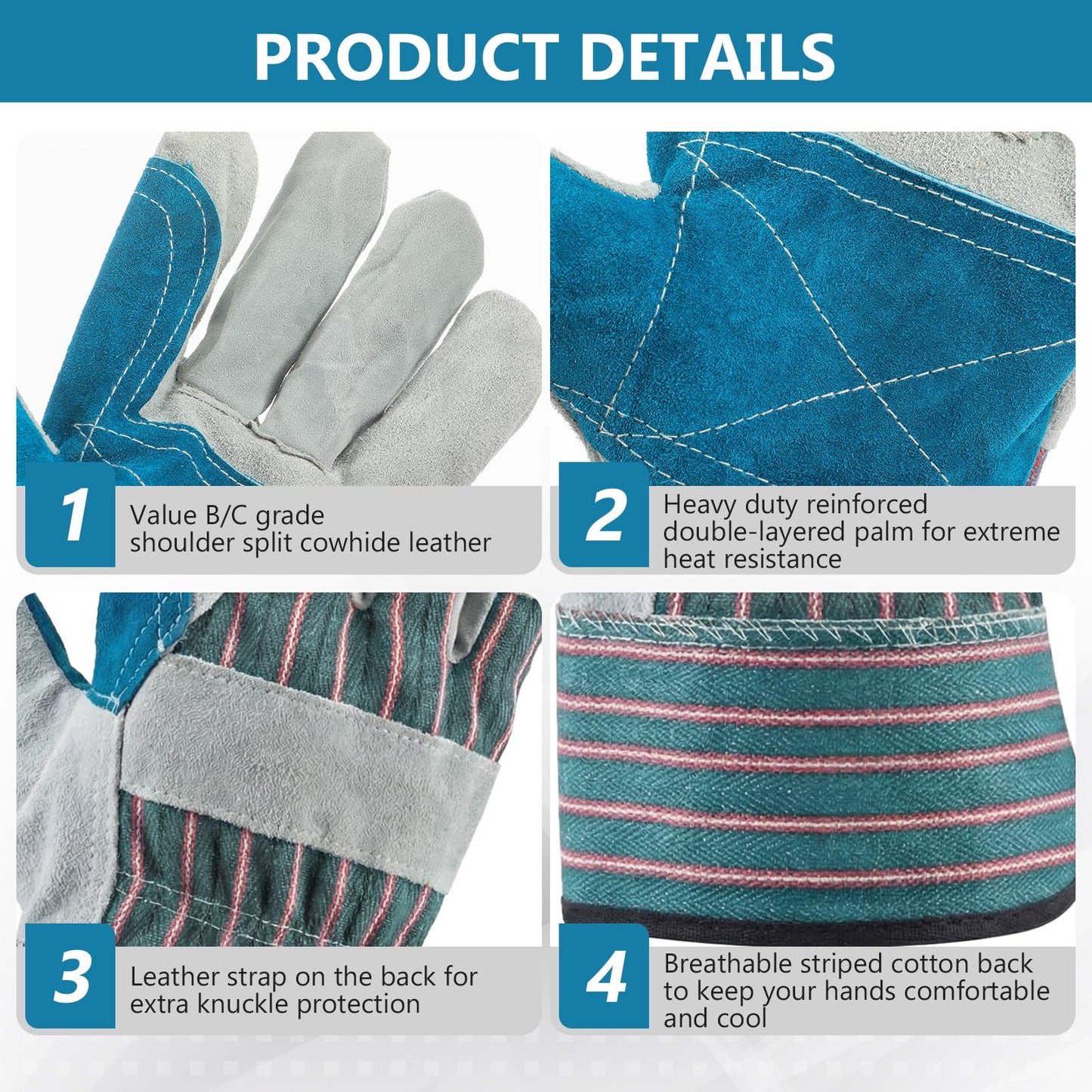 Ferrochef 12 Pairs Leather Work Gloves Bulk for Men Women Heavy Duty Leather Yard Gardening Gloves with Reinforced Palms Safety Cuff (Blue)