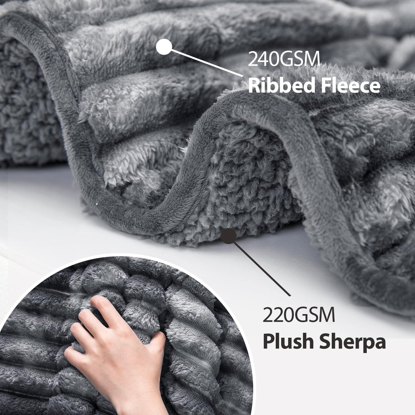 UINIU Sherpa Fleece Weighted Blanket with 3D Ribbed Stripes, 15 lbs Soft Flannel Heavy Throw Blanket for Couch Bed Sofa, Heavy Thick Blankets with Glass Beads, Great for Sleep, 48" x 72"