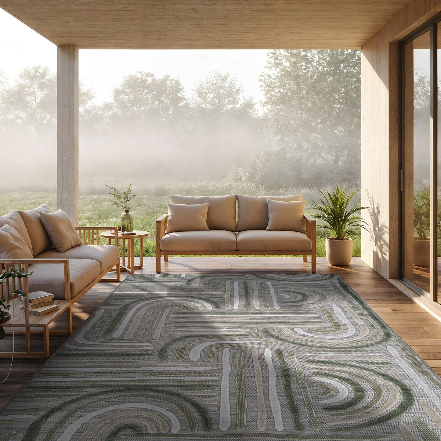 CAMILSON Indoor Outdoor Rug, Beige 5x7 Geometric Arch Striped Area Rugs for Patio and Home Areas, Easy-Cleaning Non-Shedding Living Room, Garden and Deck Washable Outside Carpet (5 x 7)