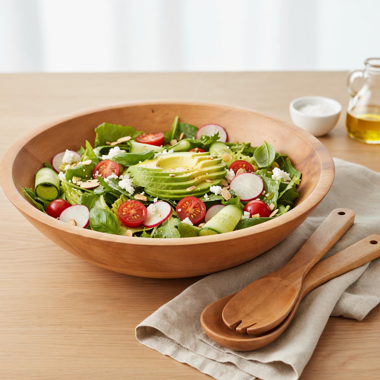 Extra Large Wooden Salad Bowl Set With Serving Utensils - A Beautiful Party Salad & Fruit Bowl With Serving Spoons Perfect for Your Dinner Party - Decorative & Practical Kitchen Must-Have