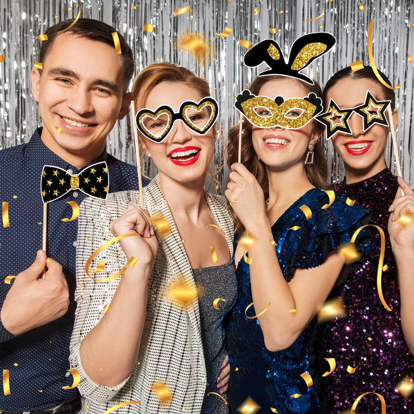 36PCS Black and Gold Photo Booth Prop, Birthday Party Photo Booth Props for Photoshoot Birthday Party Photobooth New Year Graduation Anniversary Party Supplies Black and Gold Graduation Decorations
