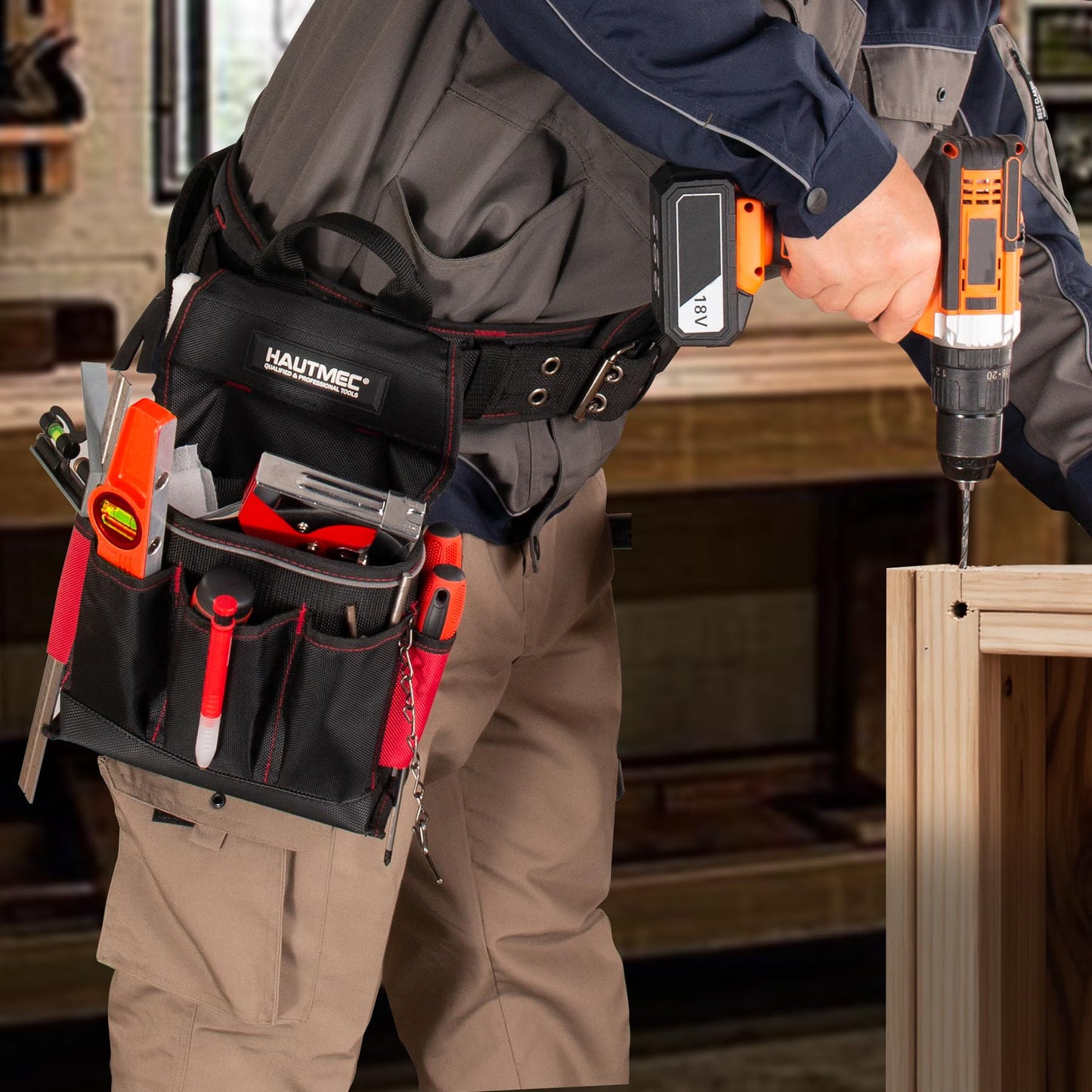 HAUTMEC Heavy-Duty Tool Belt, 20-Pocket 1680D Tool Pouch with Reinforced PVC Base, Adjustable Work Belt (37”–42”) with Drill Pocket, Hammer Loop, Tape Clip & T-Chain for Jobsite Use – HT0177