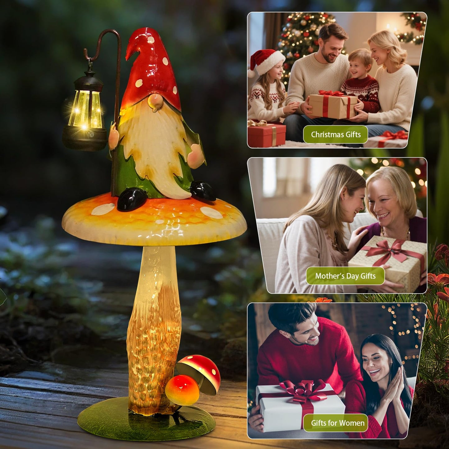 HONGLAND Solar Garden Gnomes Outdoor Statue, Waterproof Outdoor Mushroom Decor with Solar Lantern LED Lights for Yard, Patio, Lawn Ornaments, Ideal Gifts for Mom Grandm, Housewarming Gifts-16.5"