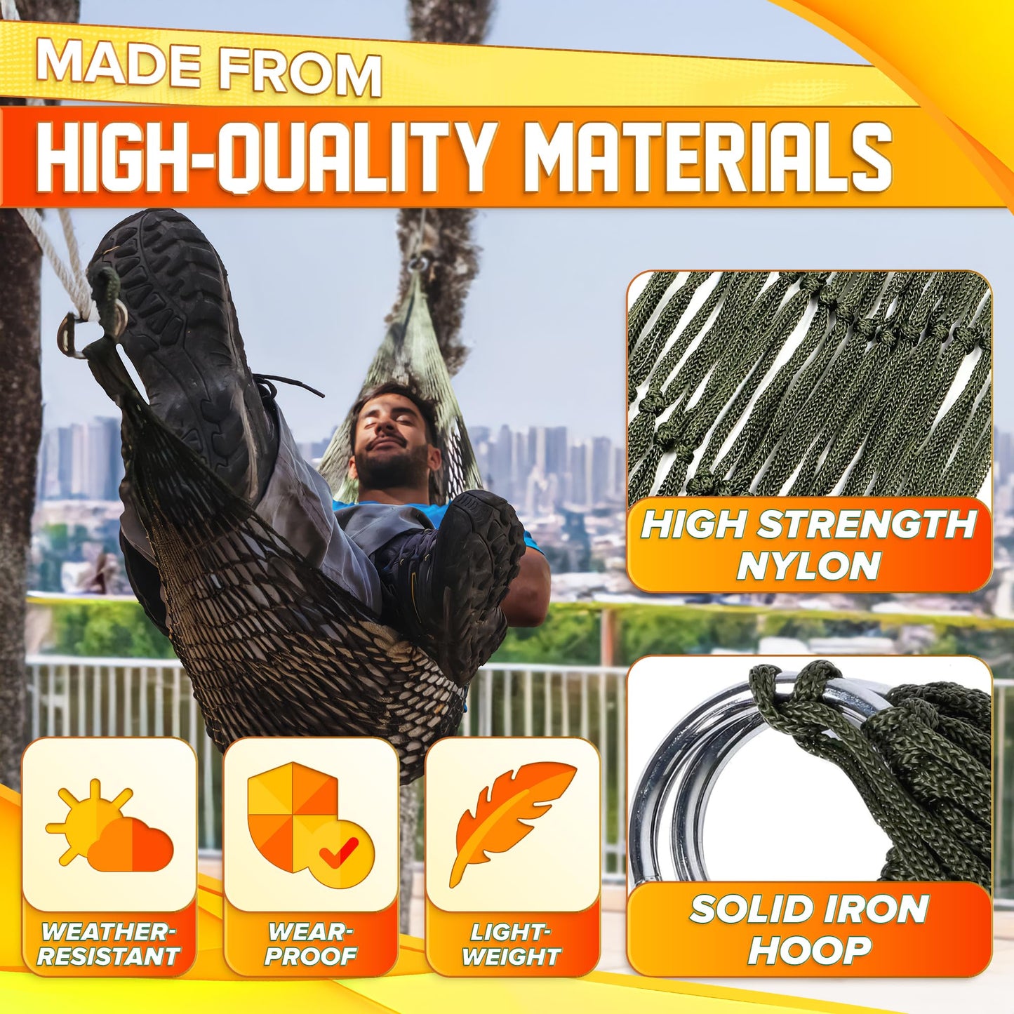 Mesh Hammock - Easy to Set Up Rope Hammocks for Outside, Dark Green Color, 90x31.5 Nylon Net Hammock, Max 100 KG (220 Pounds) Tree Hammocks for Outside, Camping & Relaxation, Quick Setup for Travel