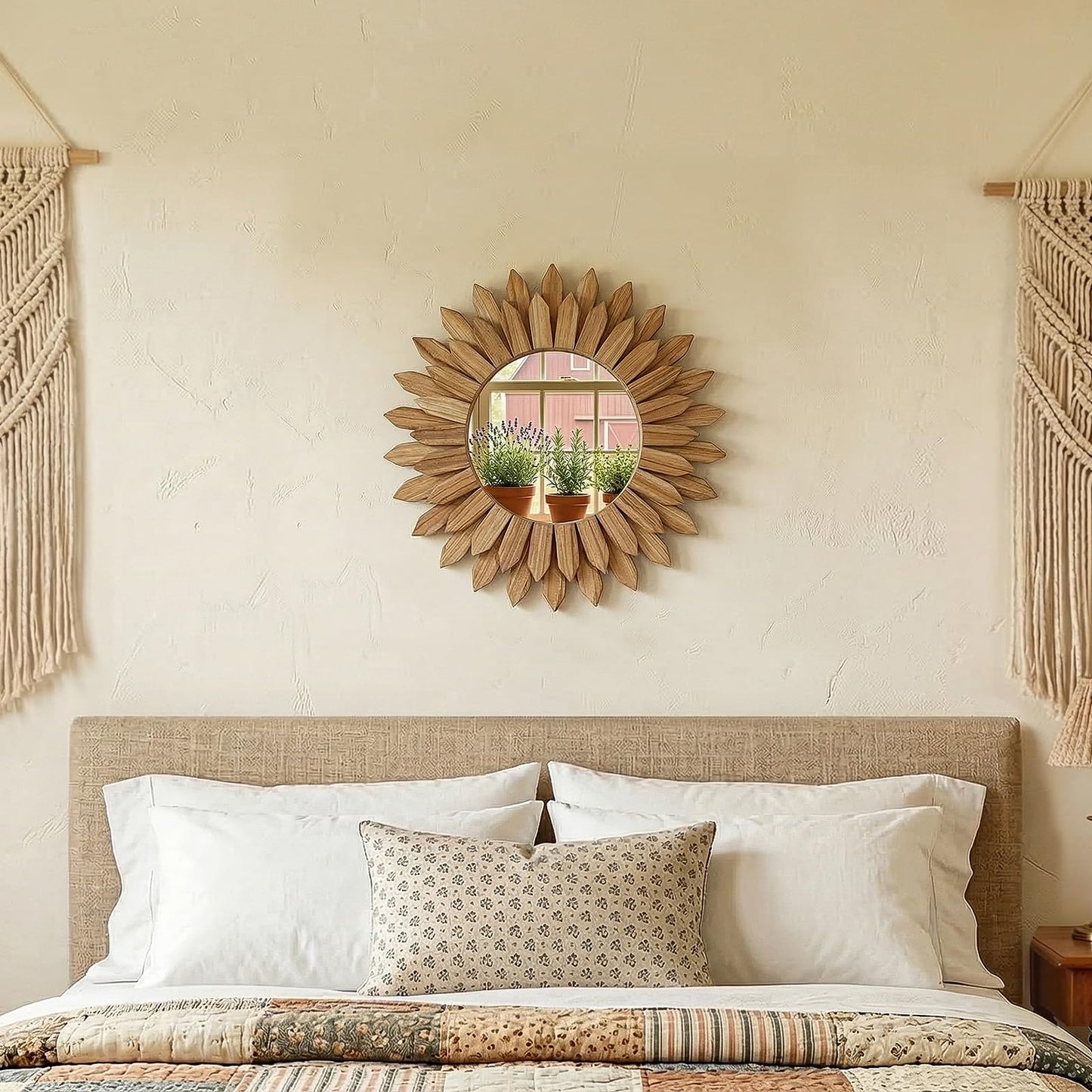 VETROVUE 24 Inch Brown Boho Wall Decor Sunburst Mirror - Round Wooden Wall Decor, Handmade Rustic Circular Mirror for Living Room, Bedroom, Entryway, Office