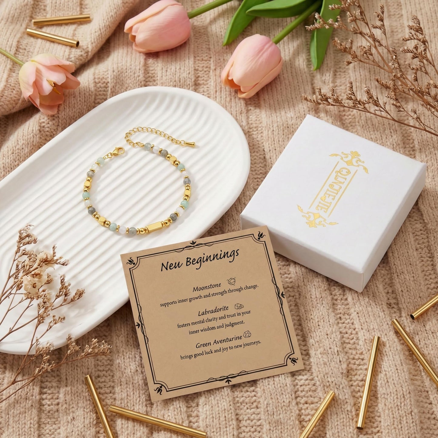 QINJIEJIE New Beginnings Gift Retirement Bracelet for Women Friends Graduation Bracelets Gift for Her Farewell Gifts for Coworkers Friends Housewarming Going Away Healing Crystals Bracelet Jewelry