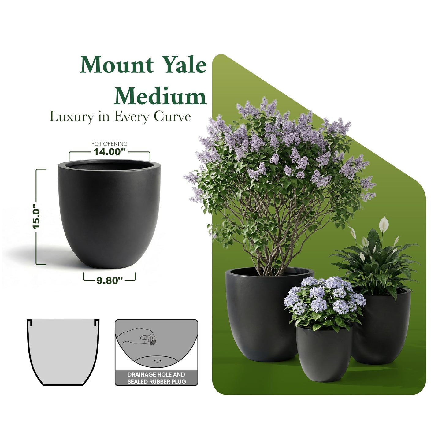 DTY Mount Yale 15.7" D x 15" H (Pot Opening 12.2") Fiberstone Planter with Drainage Hole, Weather Resistant for Indoor and Outdoor, 2 Extra Coco Mats - Black, Medium