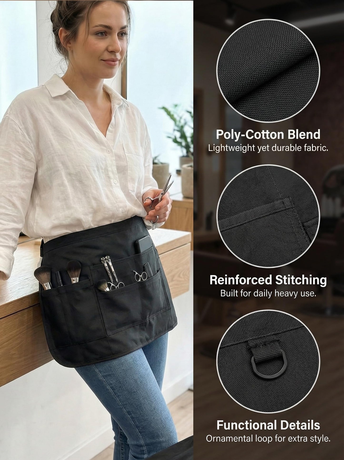 Molaxhome Waist Tool Apron with Multi-Pocket Gardening Apron with Adjustable Belt Server Hairdresser Aprons Black