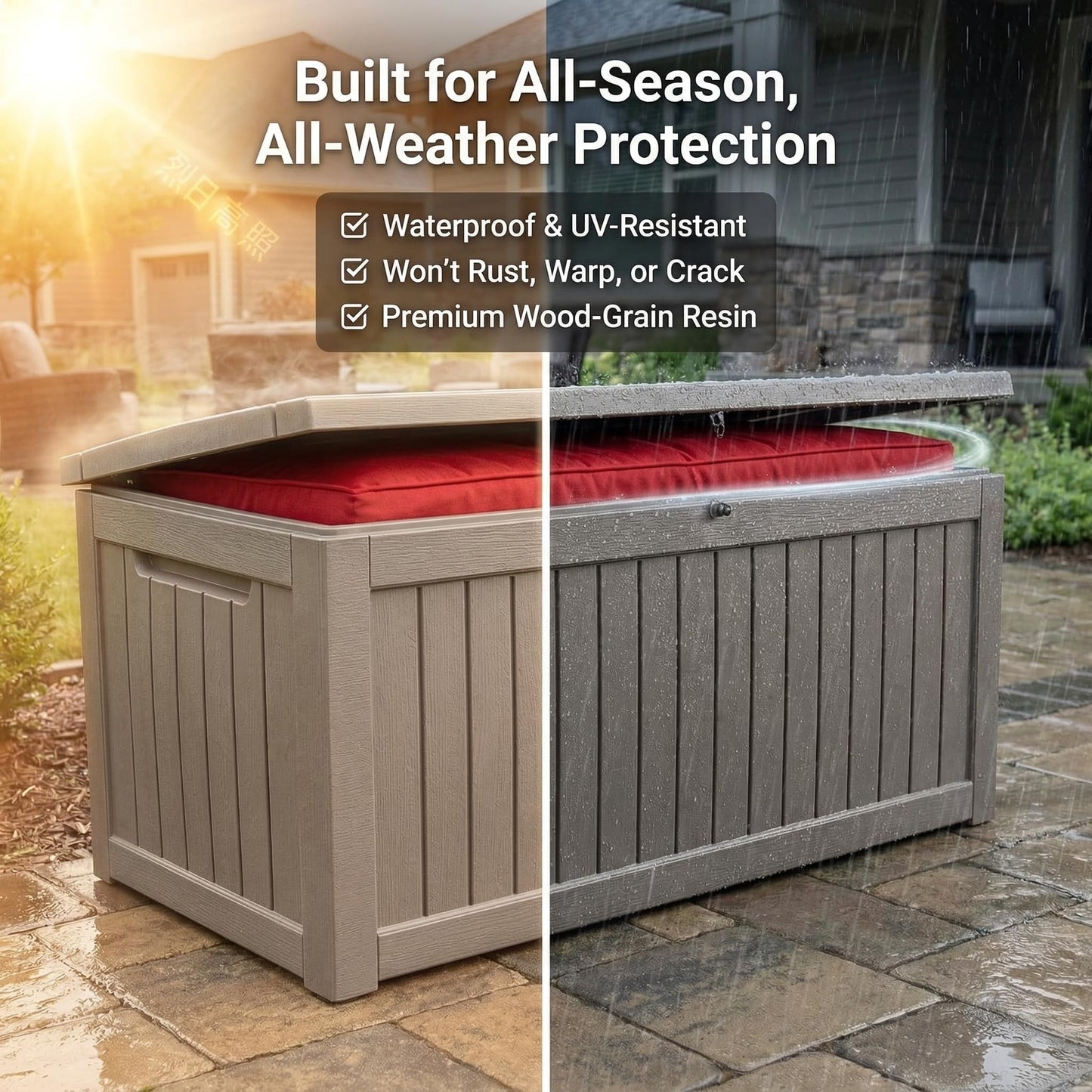 Large 231 Gallon Resin Deck Box, Heavy Duty Lockable Patio Storage Box Outdoor, Waterproof Tool Box for Garden Furniture Cushions & Pool Supplies, Wood Grain Outdoor Storage Bench for Backyard
