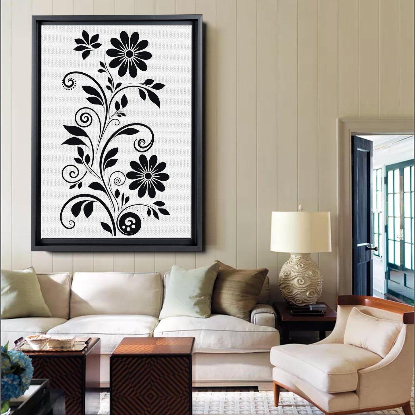 Scandinavian Folk Art, Black and Beige Abstract Botanical Wall Art for Scandinavian Home Decor