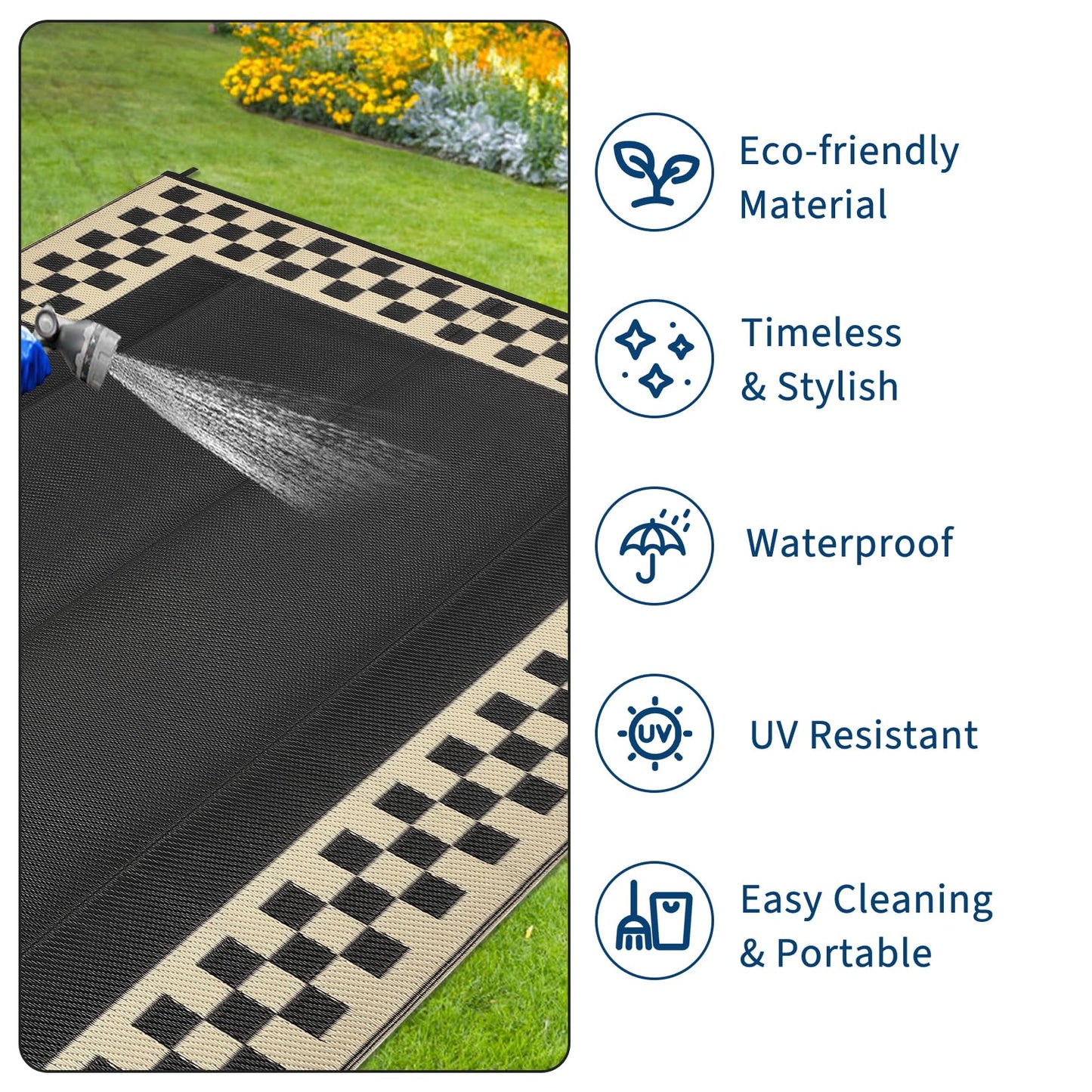 Checkered Outdoor Rug 8x10 Waterproof Modern Bordered Patio Rugs Plastic Straw Rug Large Indoor Outdoor Throw Carpets Reversible Mat for Picnic, Backyard, Rv, Beach, Deck, Camper, Balcony, Black