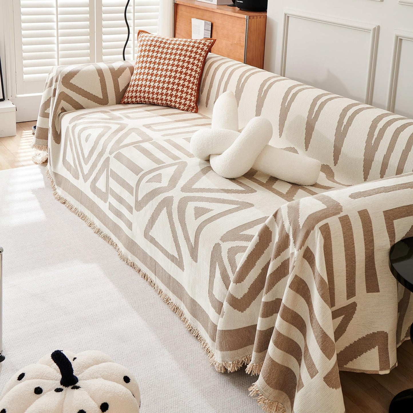 TOYROOM Chenille Sofa Cover Armchair Couch Cover Reversible Throw Sofa Slipcover with Khaki Geometry Pattern, Non Slip Boho Sofa Cover with Tassels Resistant for Dog Pet Washable, 71" x 71"