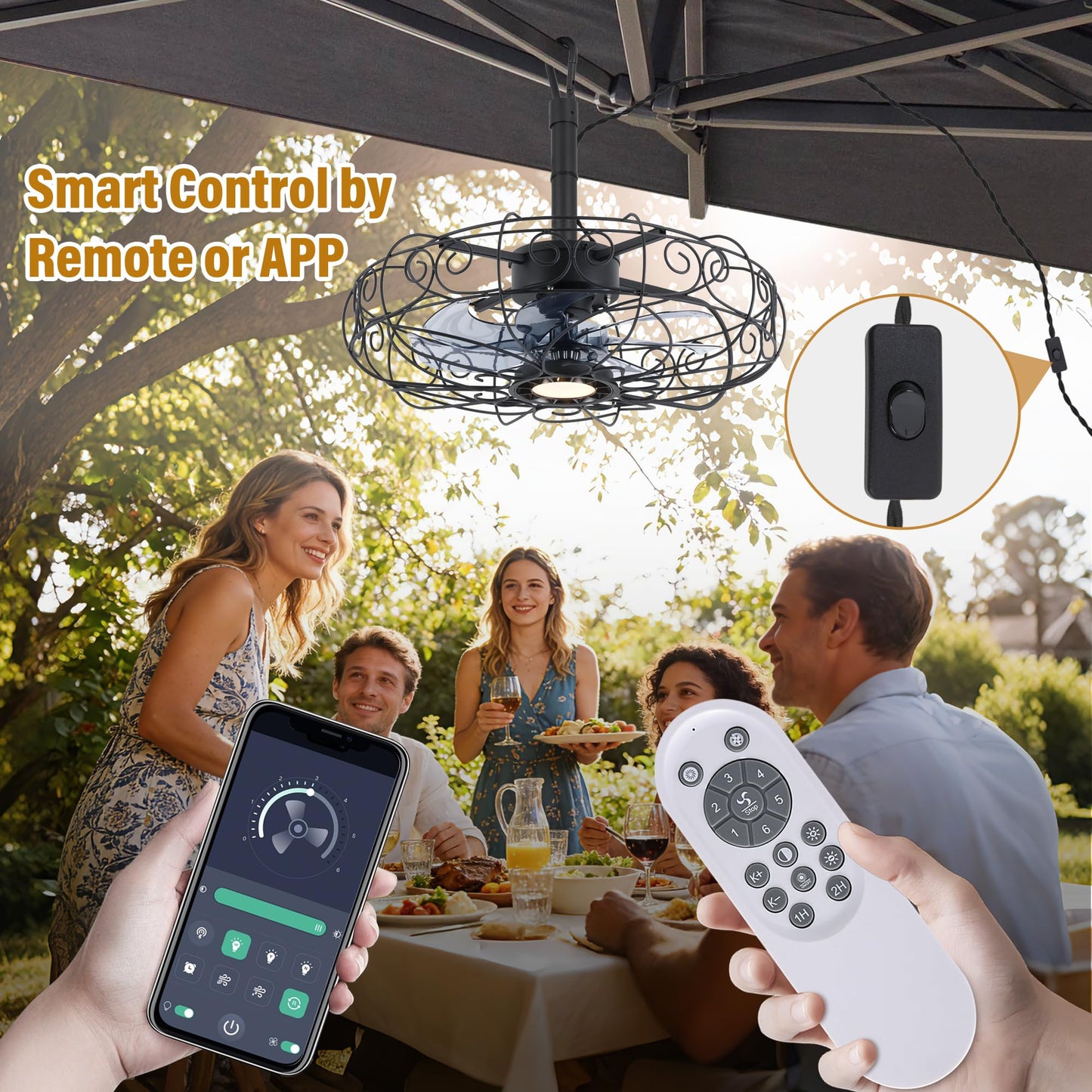 Kuailkag Waterproof Gazebo Fan 20-Inches,Outdoor Ceiling Fan with Light and Remote,APP,3CCT 6-Speeds Plug-in Patio Fans for Outside Porch Pergola(Black)