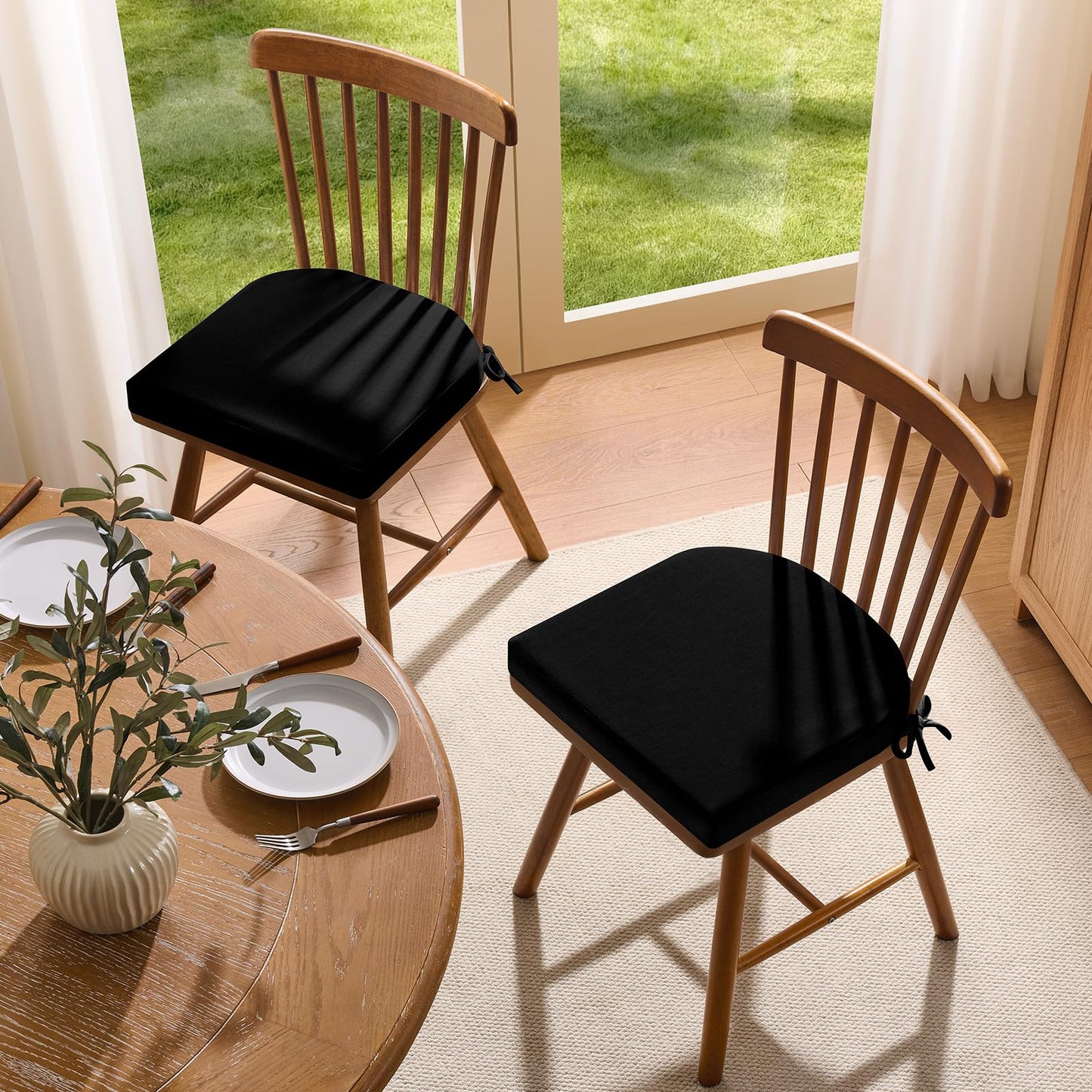 downluxe Chair Cushions for Dining Chairs, Memory Foam Linen Kitchen Chair Pads with Ties, Waterproof, Stain-Resistant and Washable Cover, 17" x 16" x 2.5", Black, 6 Pack