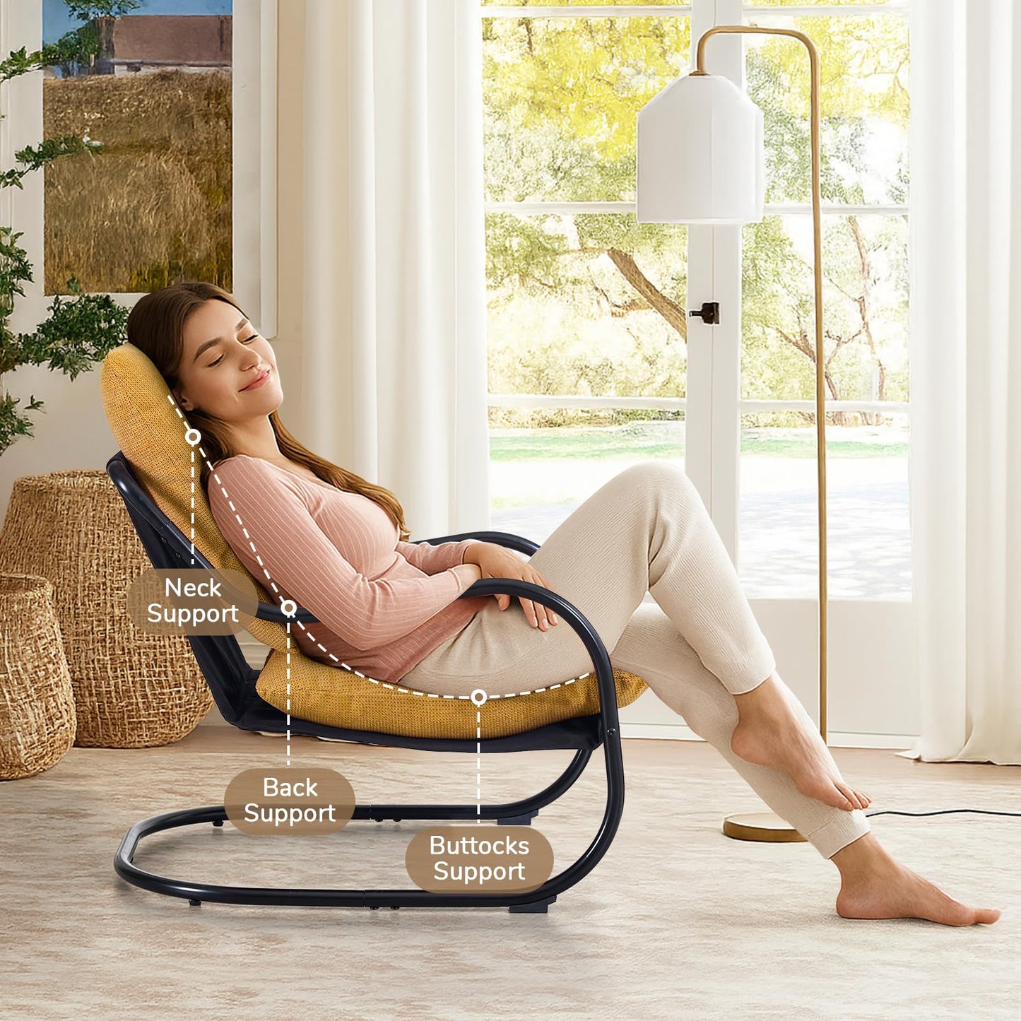 Peace nest Modern Accent Chair,Comfy Living Room Suspended Chair with Mental Frame,Bedroom Armchair with Soft Upholstered Cushion for Balcony Lounge Reading Meeting Room,Yellow