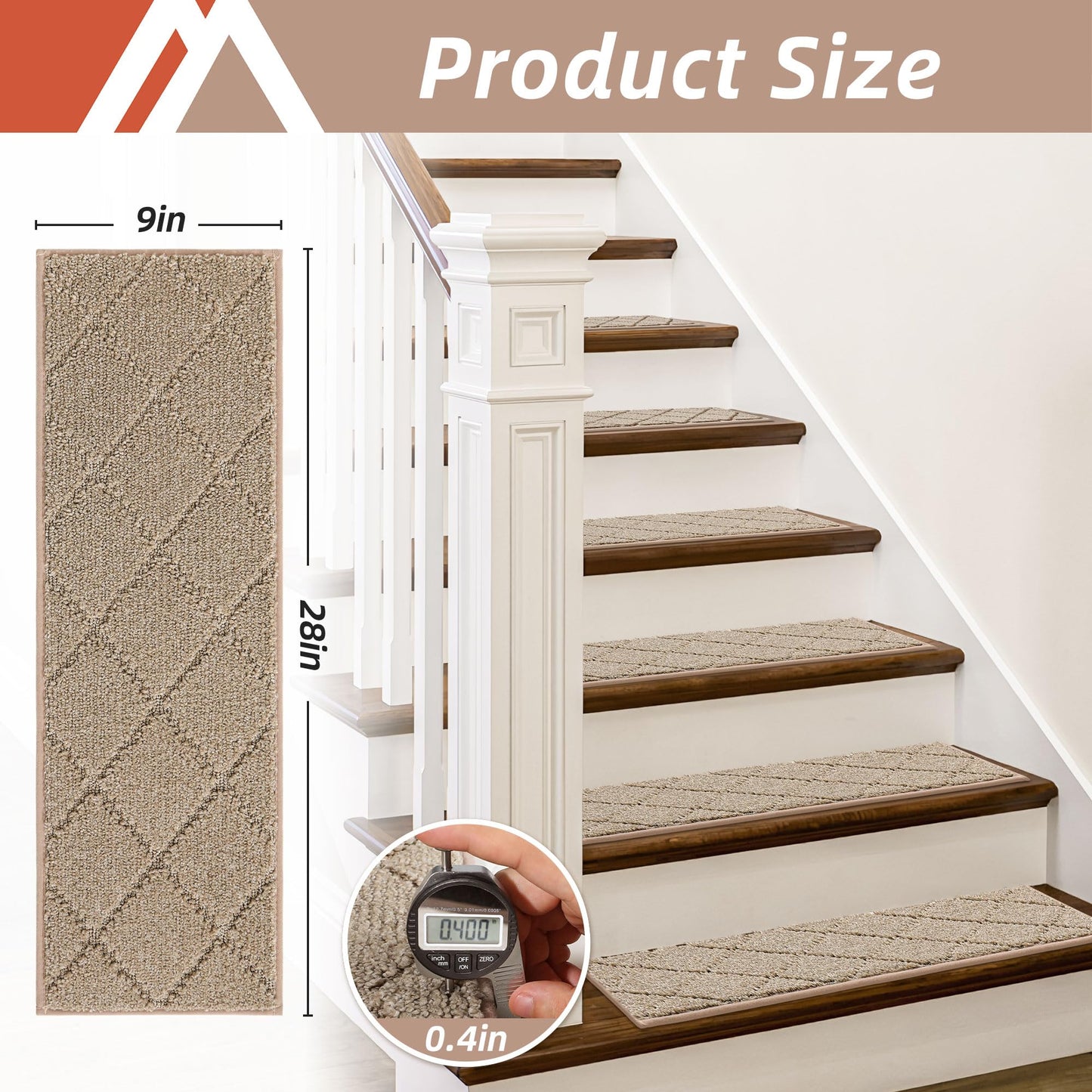 COSY HOMEER Edging Stair Treads Non-Slip Carpet Mat 28inX9in Indoor Stair Runners for Wooden Steps, Edging Stair Rugs for Kids and Dogs, 100% Polyester TPE Backing (15pc, Beige)