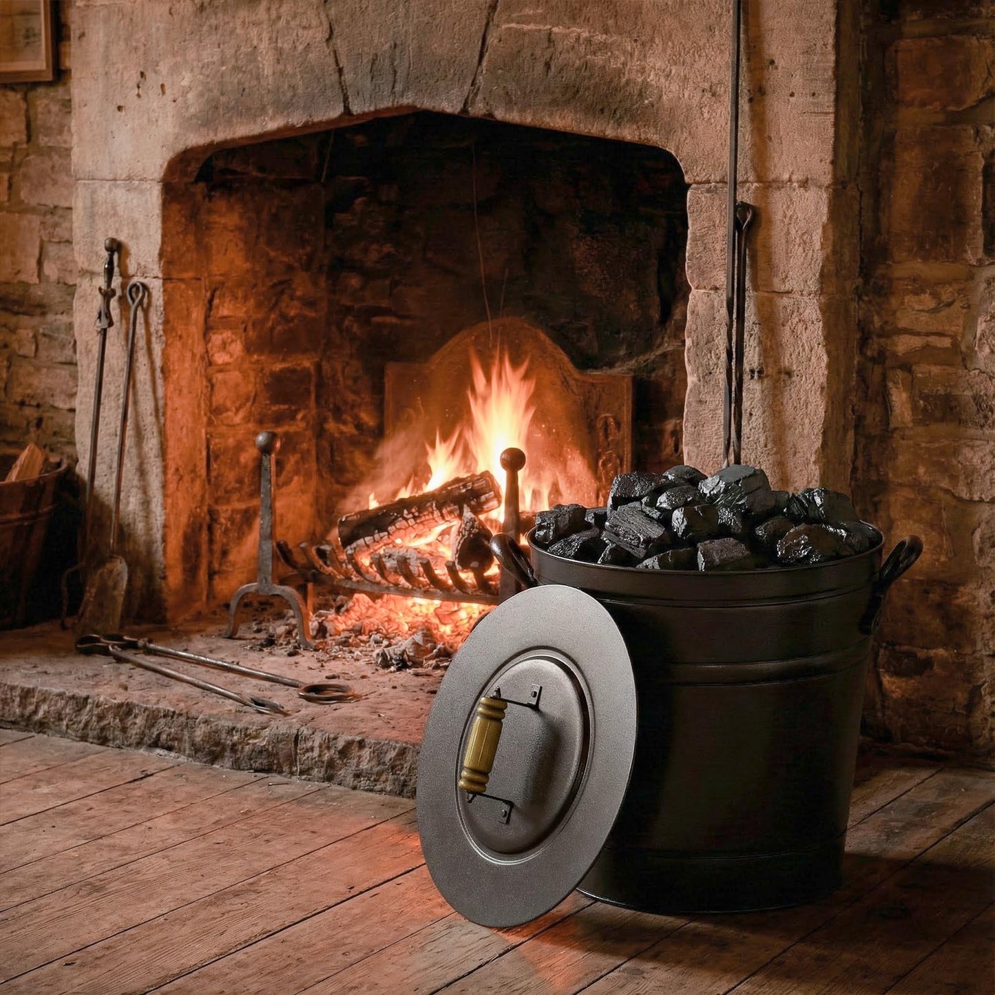 COSTWAY Ash Bucket with Lid Set of 2, 2.9 Gallon Metal Coal Ash Can w/Wooden Lid, Side Grips, Indoor & Outdoor Fireplace Ash Tool Cleaning Bucket for Fireplace Fire Pits Wood Burning Stoves, Black