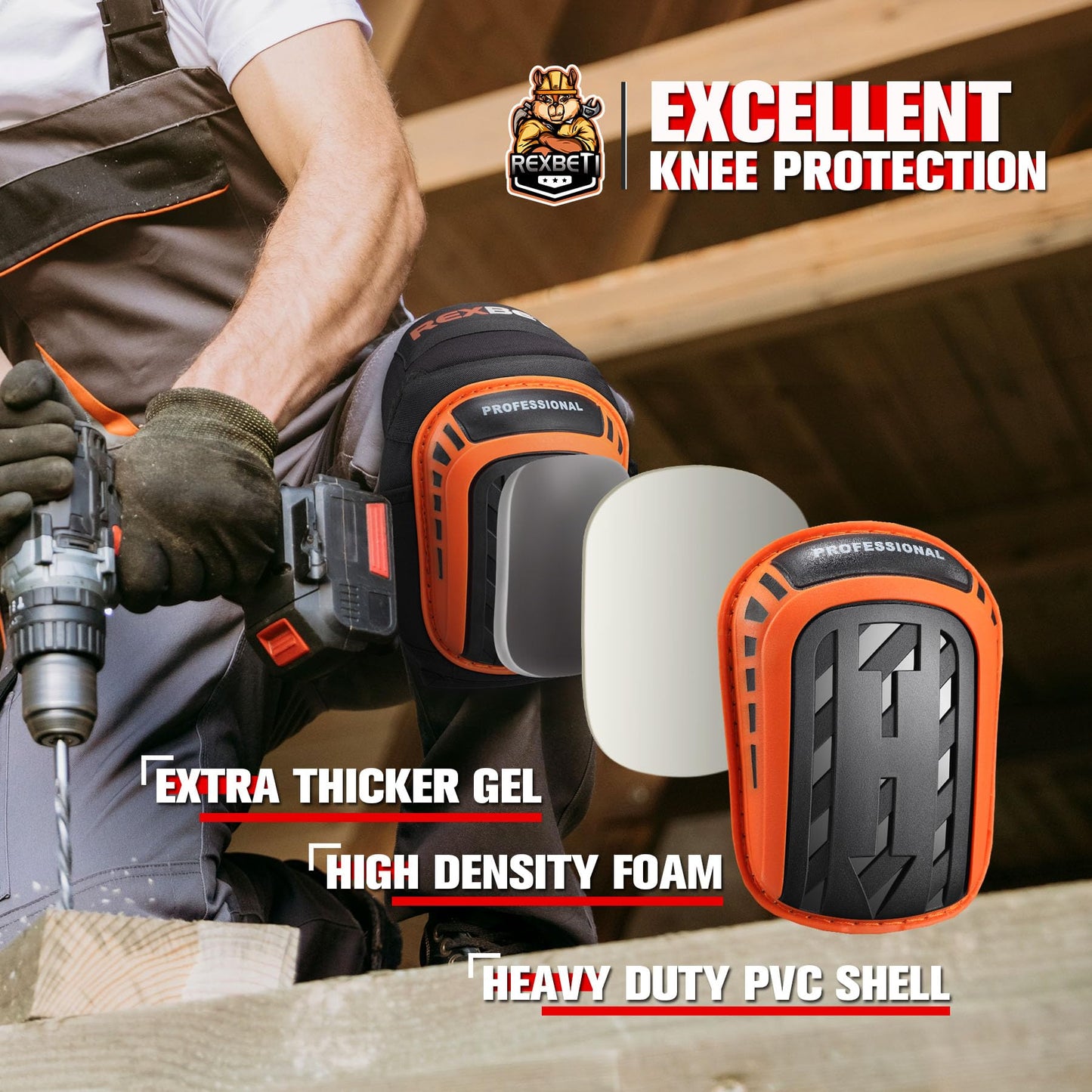 REXBETI Knee Pads for Work, Construction Knee Pads for Men, Heavy Duty Comfortable Anti-slip Foam Gel Knee Pads for Gardening Flooring and Cleaning, Strong Stretchable Straps, Orange
