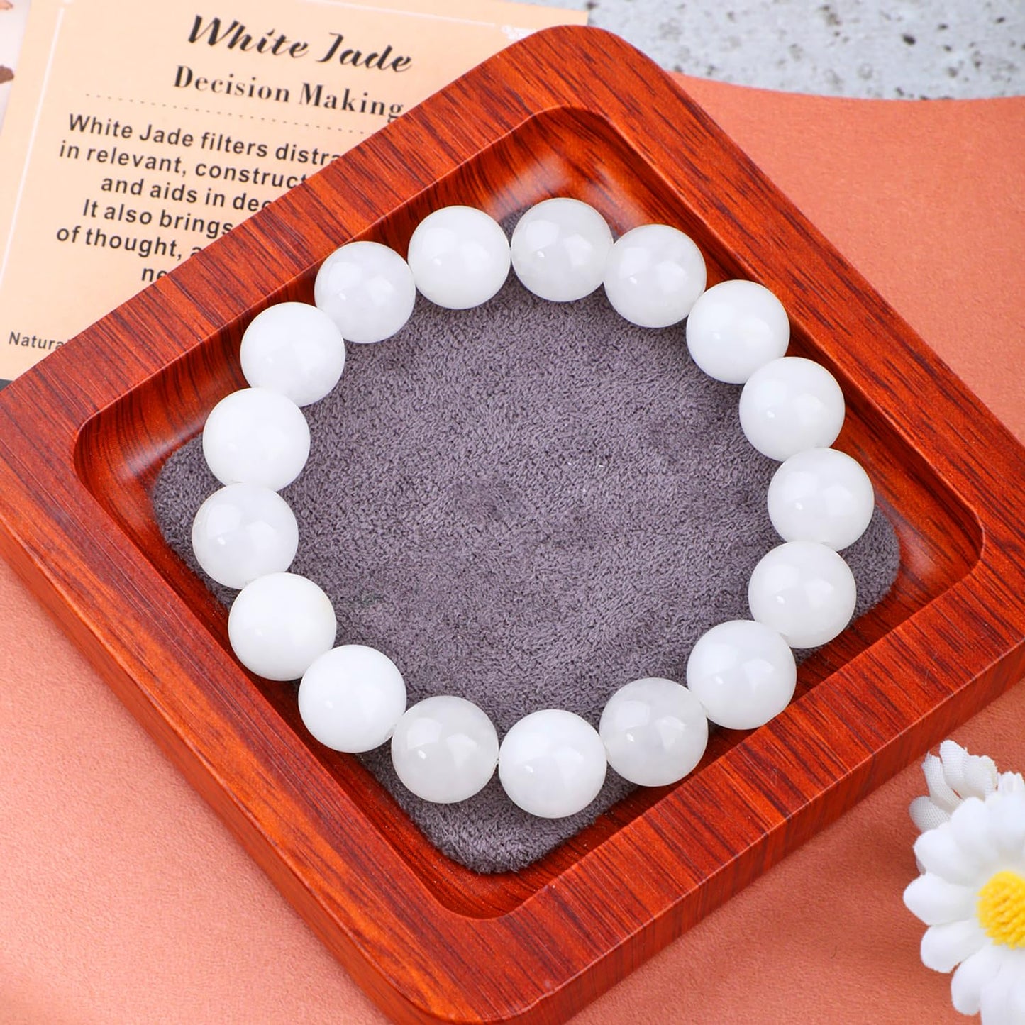 AD Beads Handmade Gemstone Stretch Elastic Bracelet Crystal Healing Reiki Nature's Beauty and Spiritual Essence Unisex (12mm, White Jade (Decision Making))
