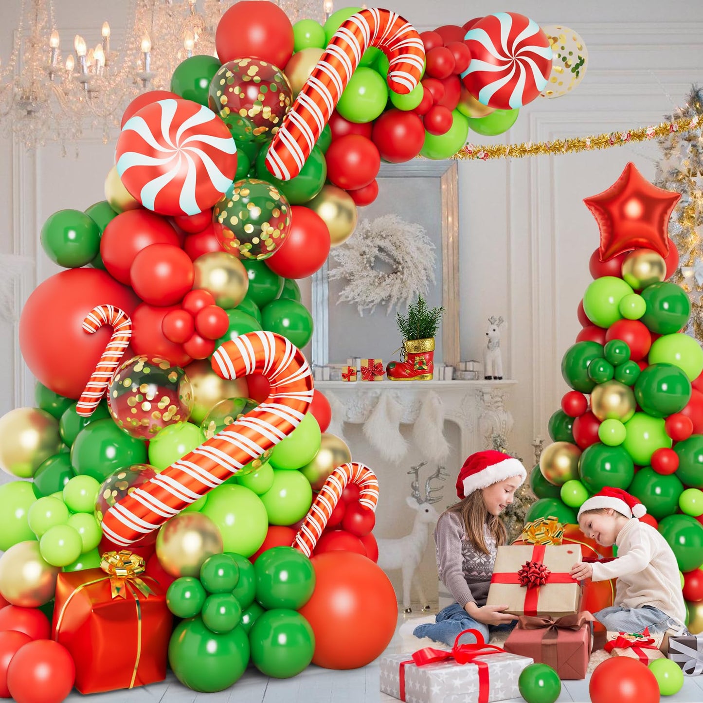 DBKL 138 Pcs Christmas Balloons Garland Arch Kit with Xmas Red Gold Green Balloons Candy Cane Gift Box Foil Balloons for Christmas Party Decorations Birthday Xmas Party Supplies