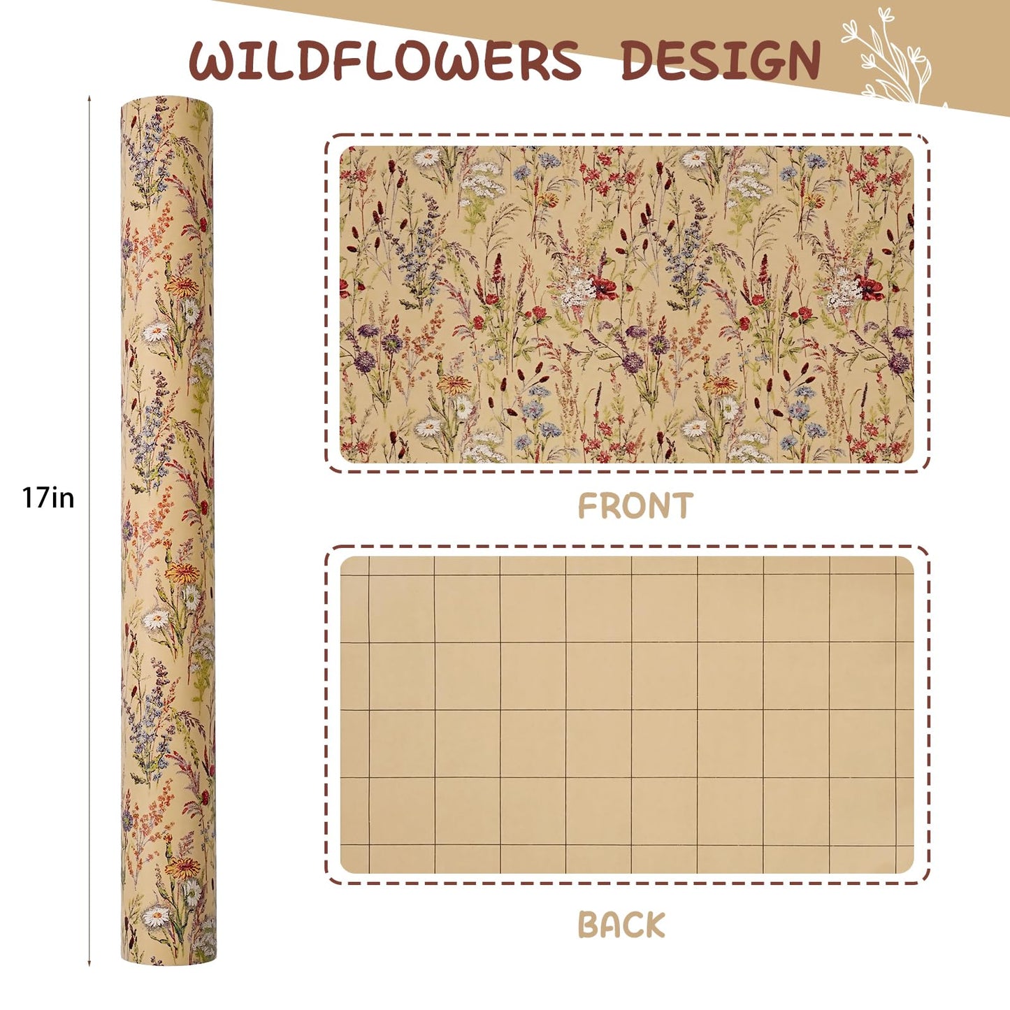 Tyzarglef Wild Flower Wrapping Paper Roll, 17 Inches x 32.8 Feet Kraft Floral Design Wrapping Paper for Women Girls Gifts, Birthdays, Weddings, Bridal Shower and Engagement
