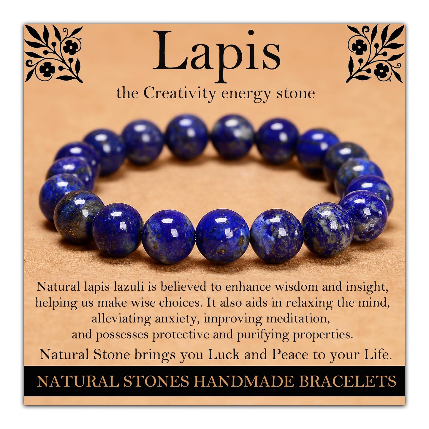 Handmade Natural Gemstone Elastic Bracelet - Healing Crystal Beads Jewelry, Unisex (Lapis Lazuli, 10mm)