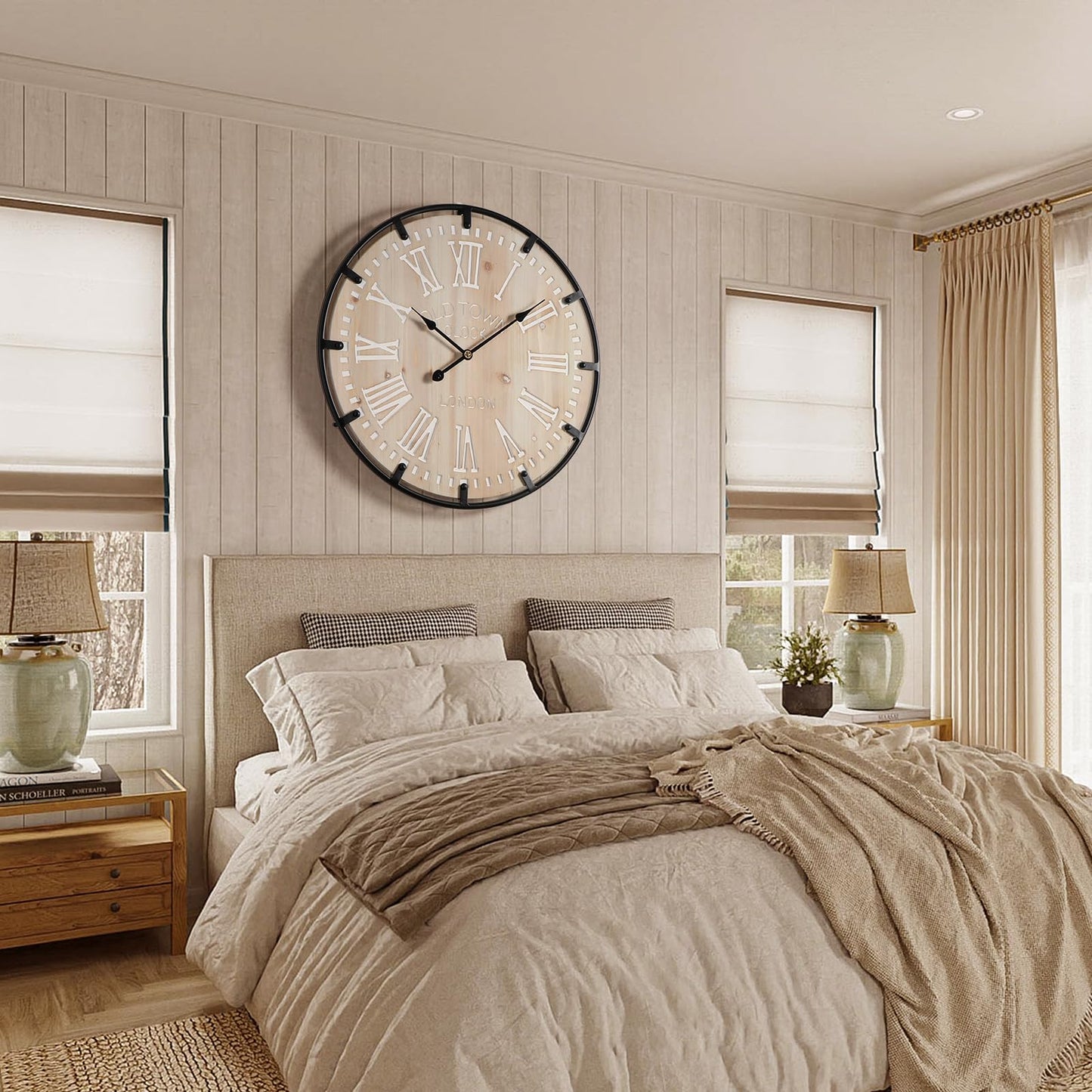 Vantic Farmhouse 30 Inch Extra Large Decorative Wall Clock with Metal Circle, Oversized Wood Wall Clock with Large Roman Numeral for Living Room, Bedrooms and Offices, Silent and Battery Operated